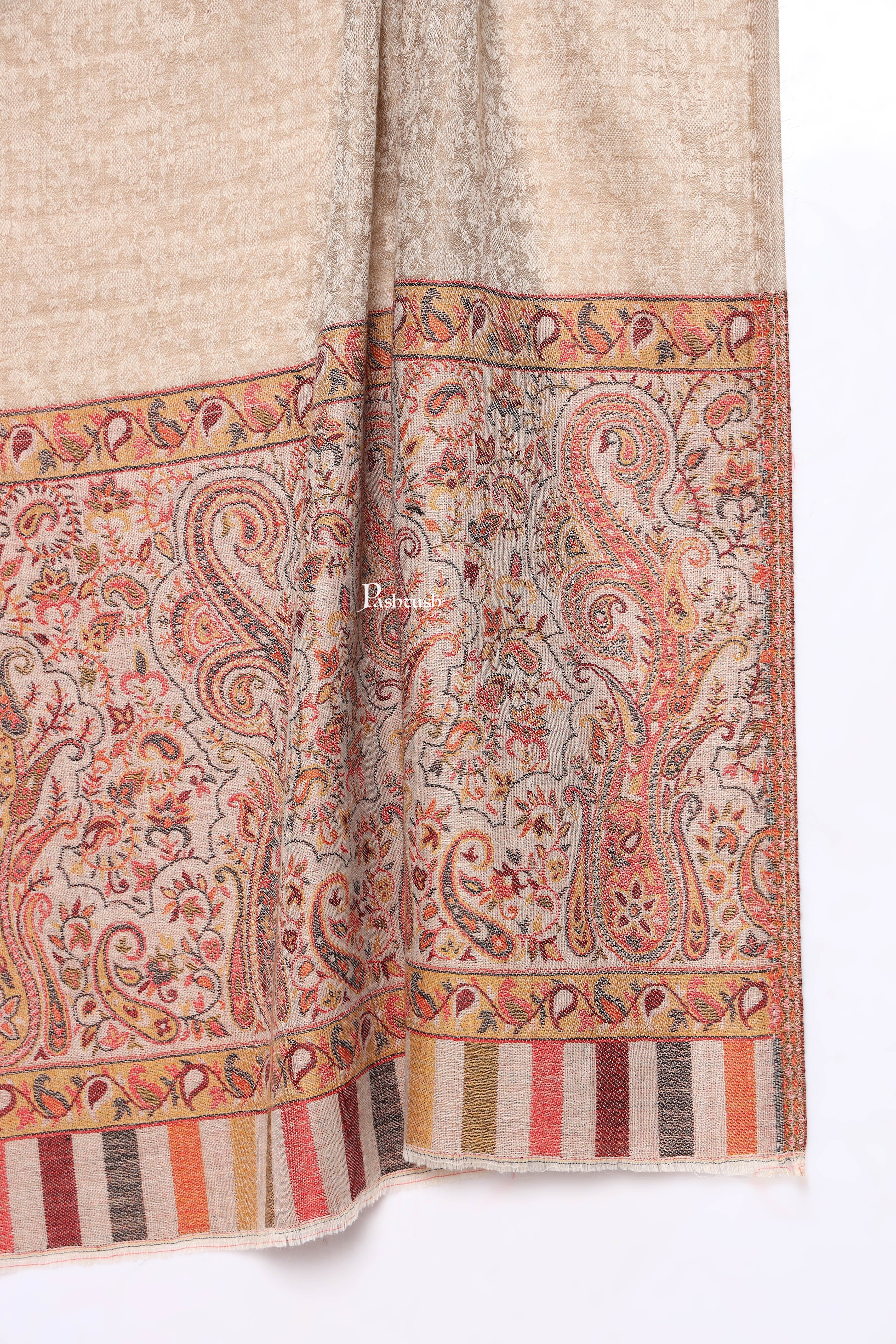 Pashtush Mens Extra Fine Wool Stole, Paisley Palla Design, Beige - Image 2