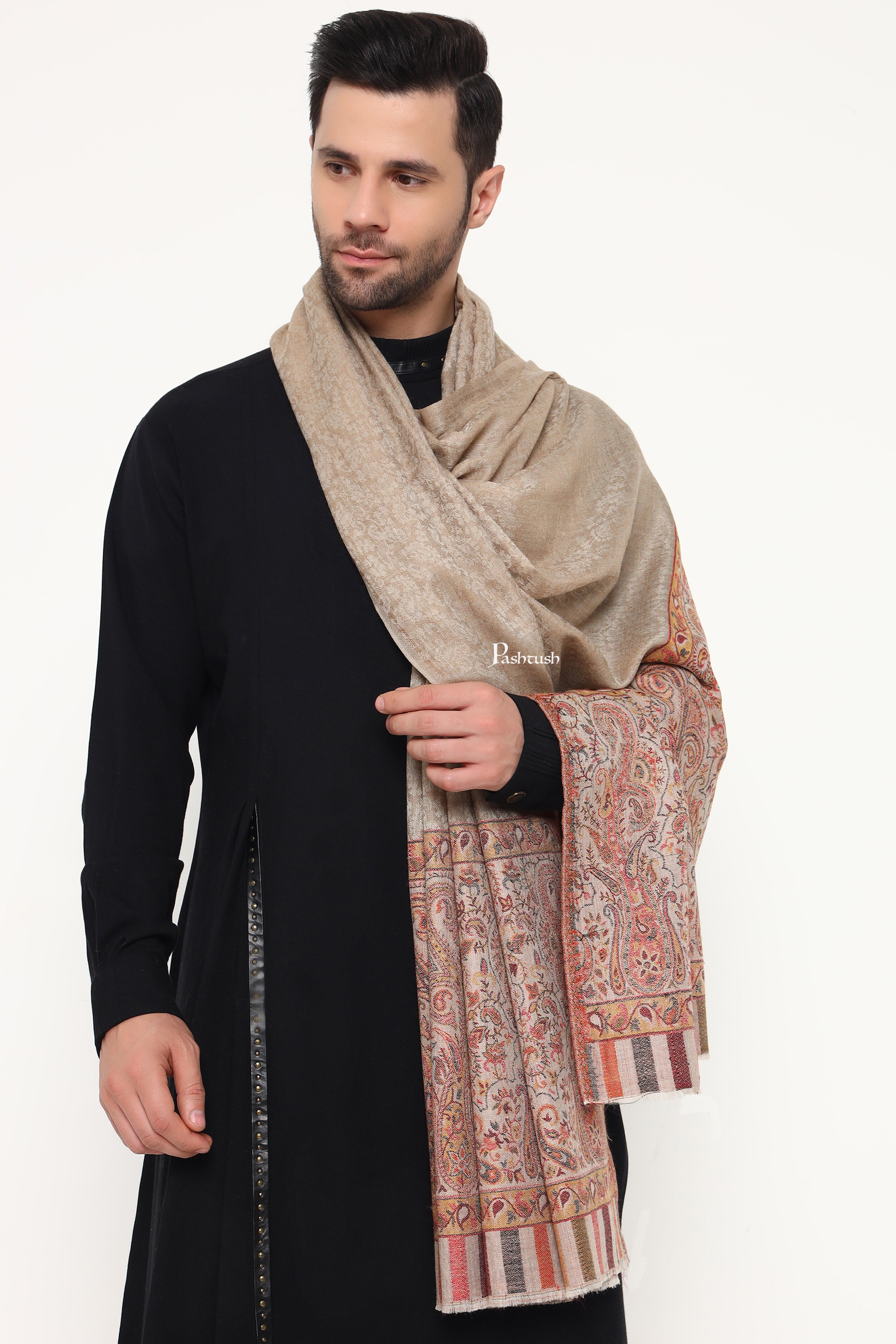Pashtush Mens Extra Fine Wool Stole, Paisley Palla Design, Beige - Image 3