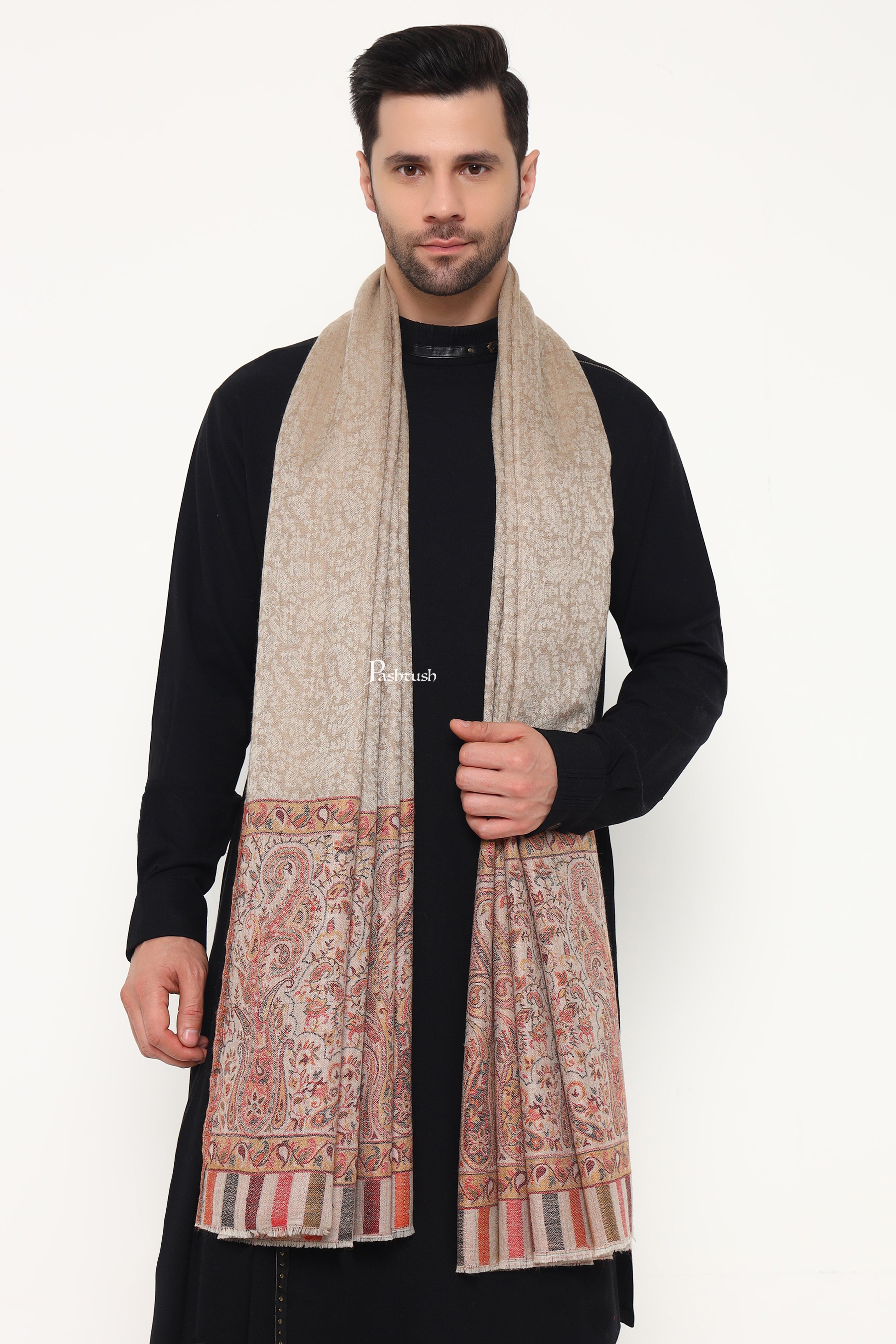 Pashtush Mens Extra Fine Wool Stole, Paisley Palla Design, Beige - Image 4