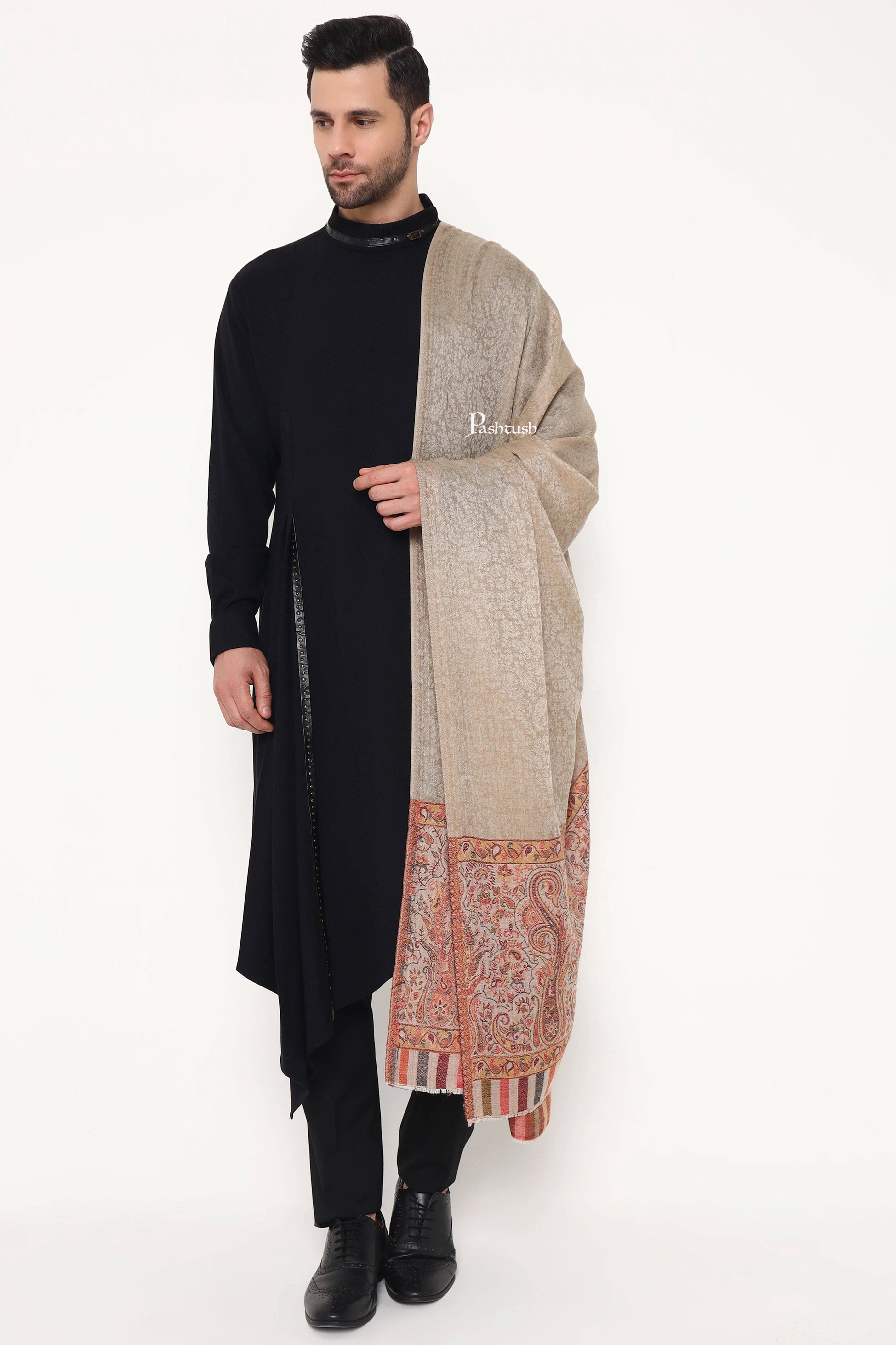 Pashtush Mens Extra Fine Wool Stole, Paisley Palla Design, Beige - Image 5