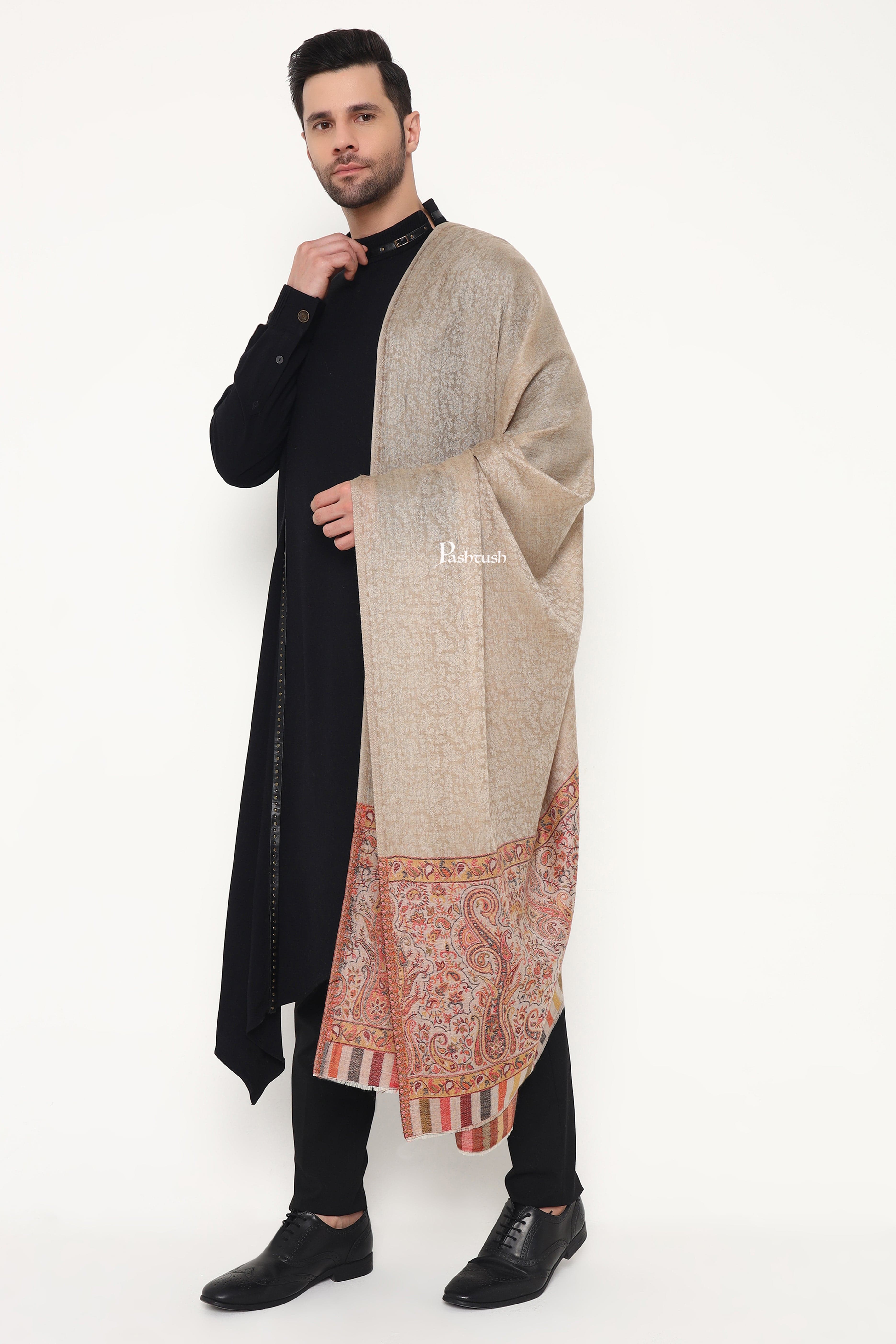 Pashtush Mens Extra Fine Wool Stole, Paisley Palla Design, Beige - Image 6