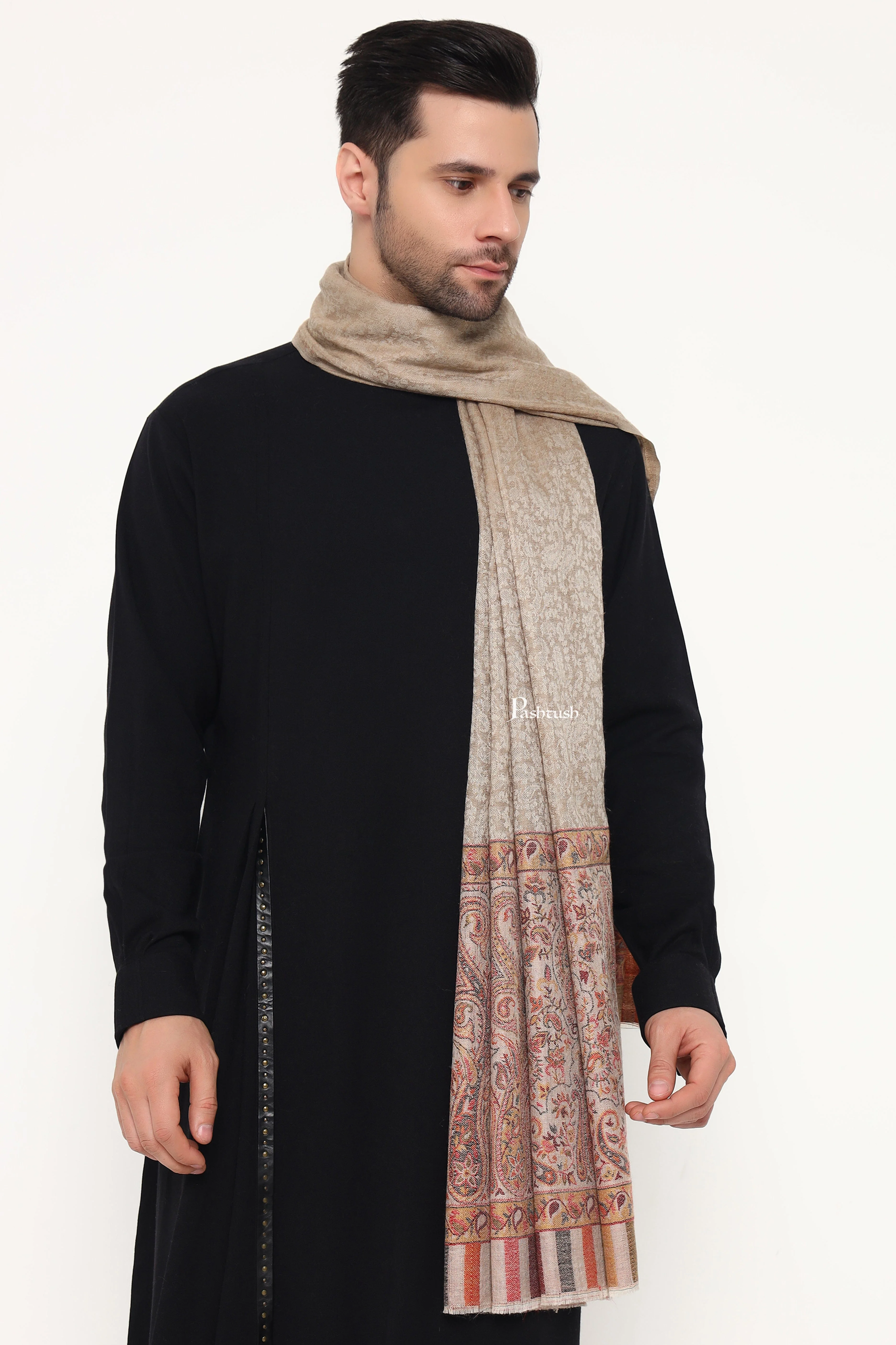 Pashtush Mens Extra Fine Wool Stole, Paisley Palla Design, Beige - Image 8