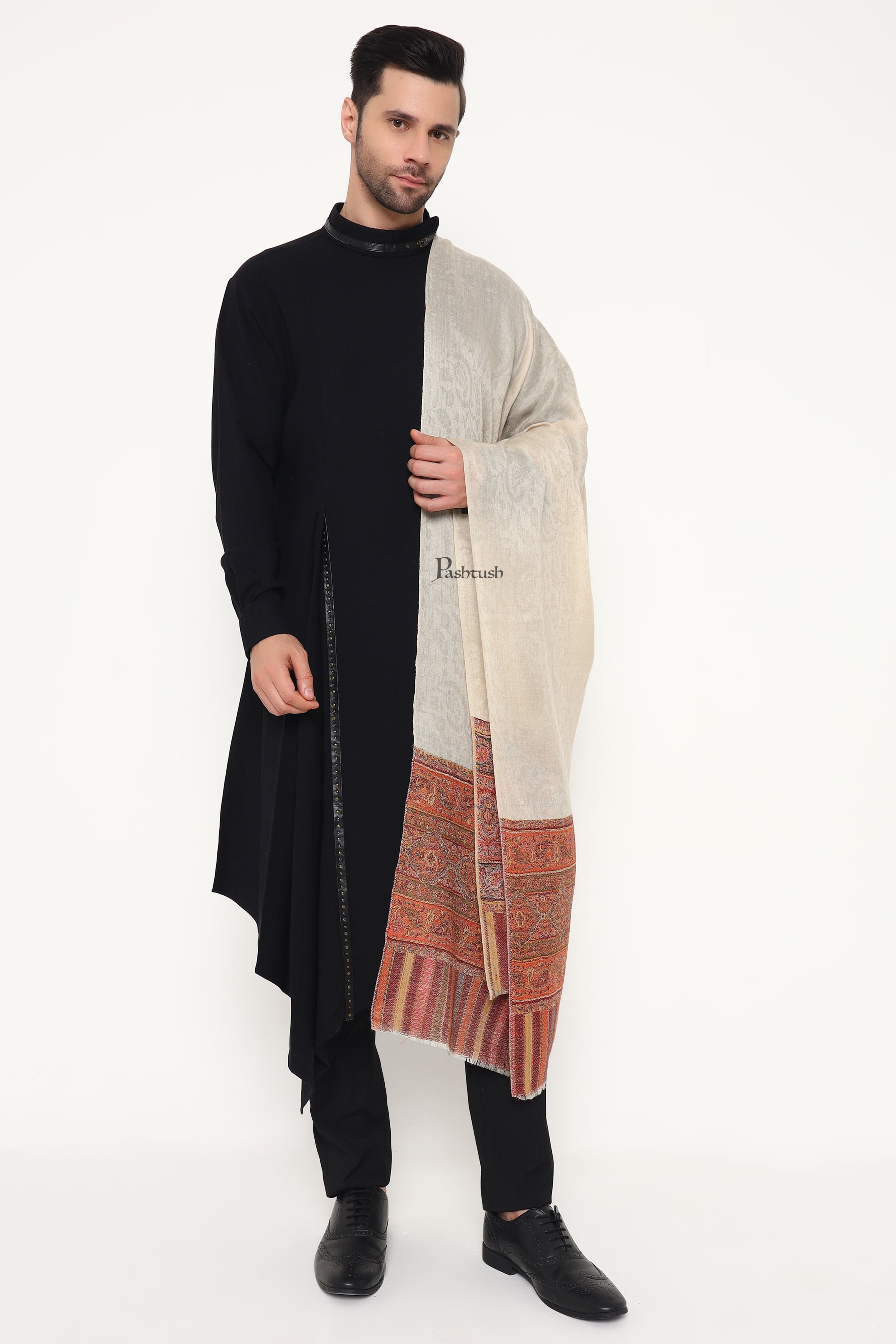 Pashtush Mens Extra Fine Wool Stole, Paisley Palla Design, Beige