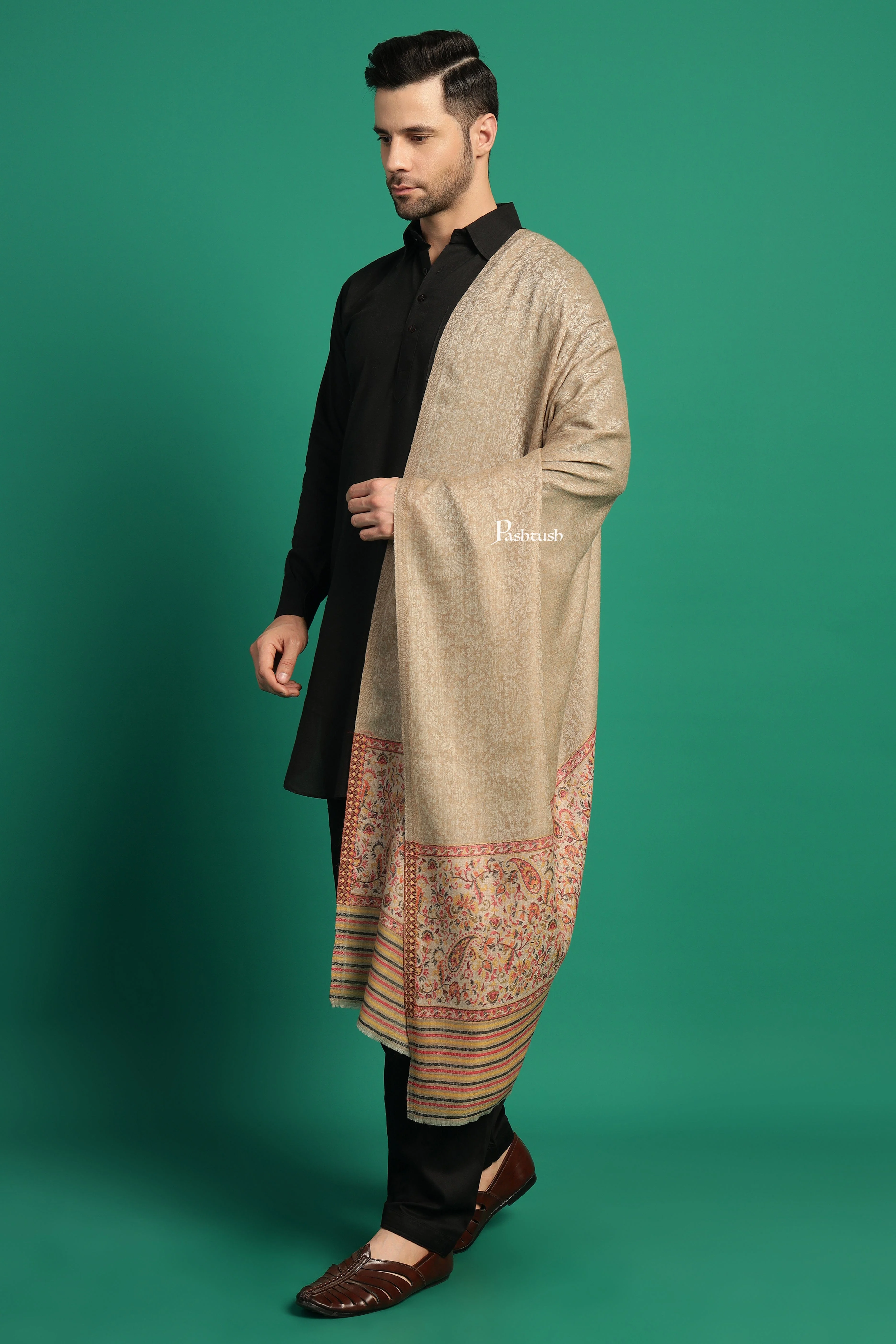 Pashtush Mens Extra Fine Wool Stole, Paisley Palla Design, Beige - Image 7