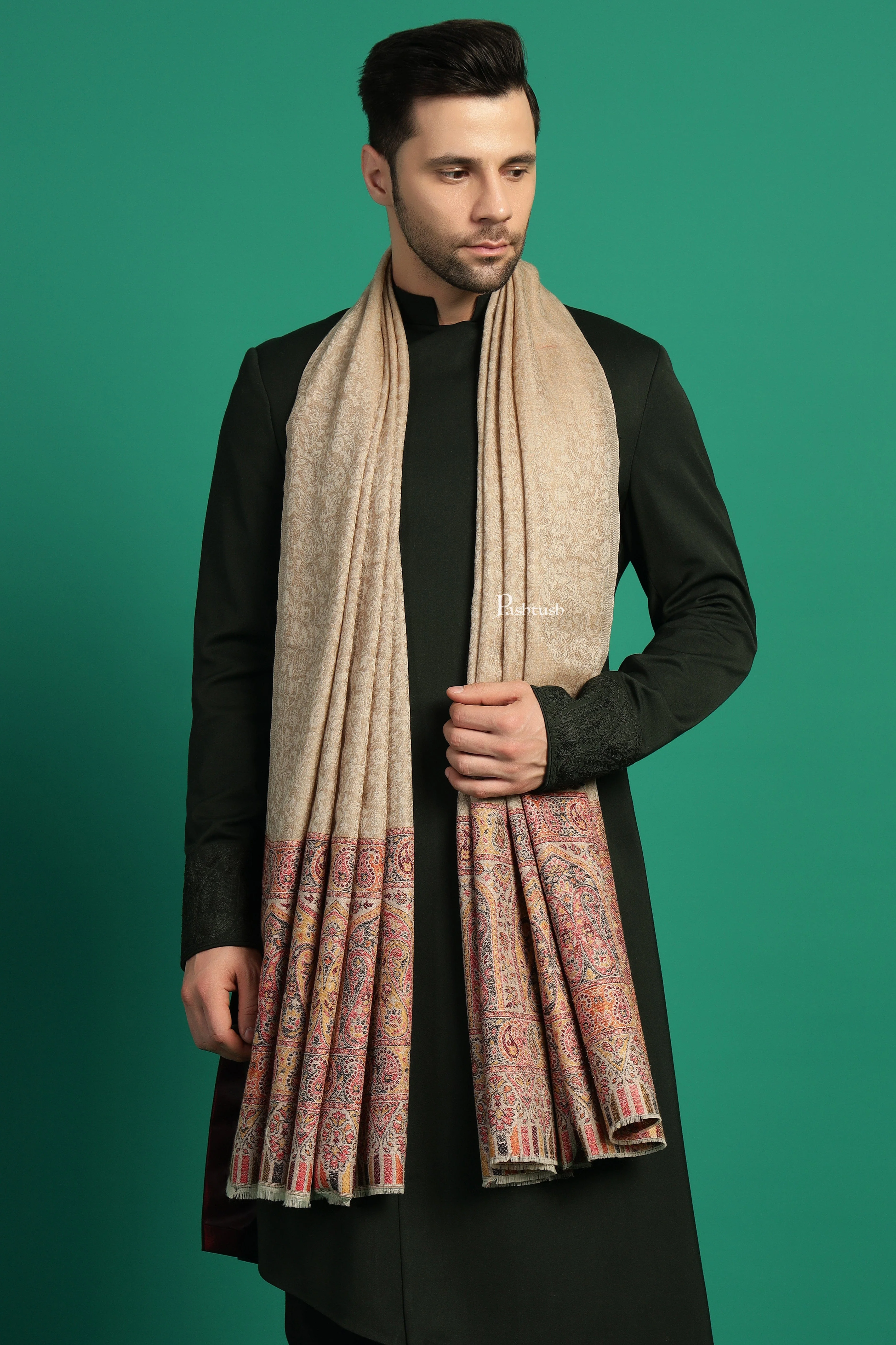 Pashtush Mens Extra Fine Wool Stole, Paisley Palla Design, Beige