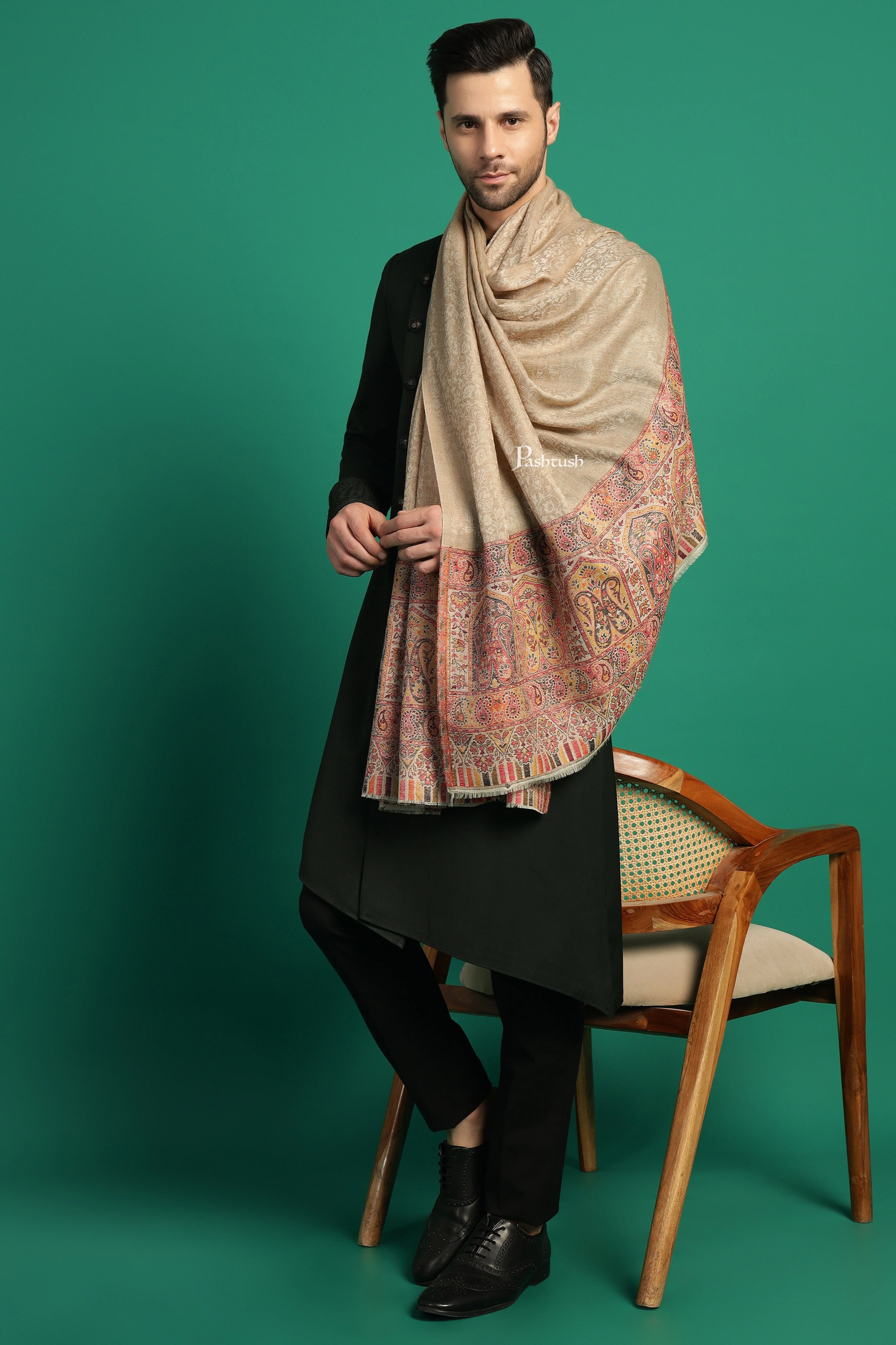 Pashtush Mens Extra Fine Wool Stole, Paisley Palla Design, Beige - Image 2