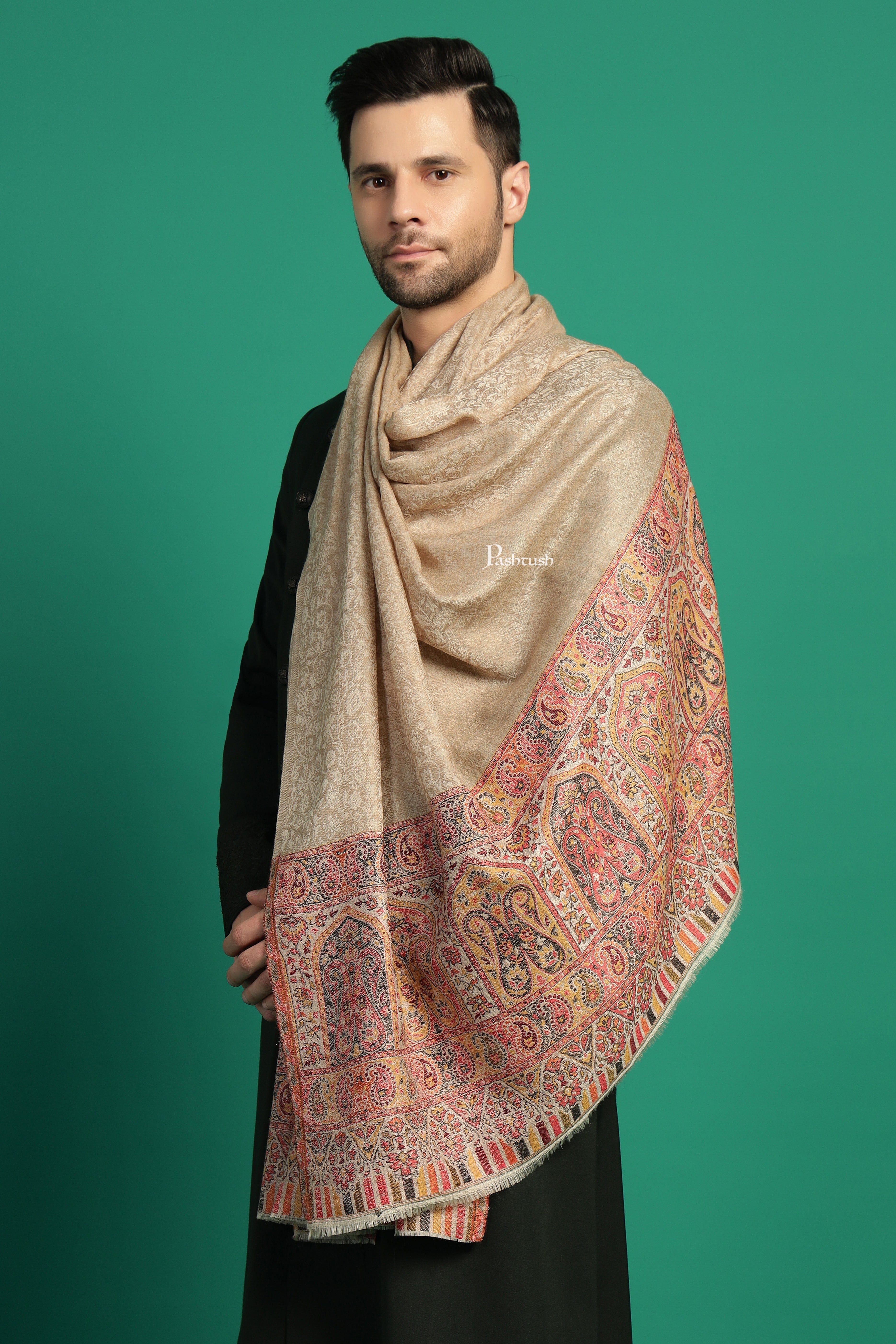 Pashtush Mens Extra Fine Wool Stole, Paisley Palla Design, Beige - Image 3