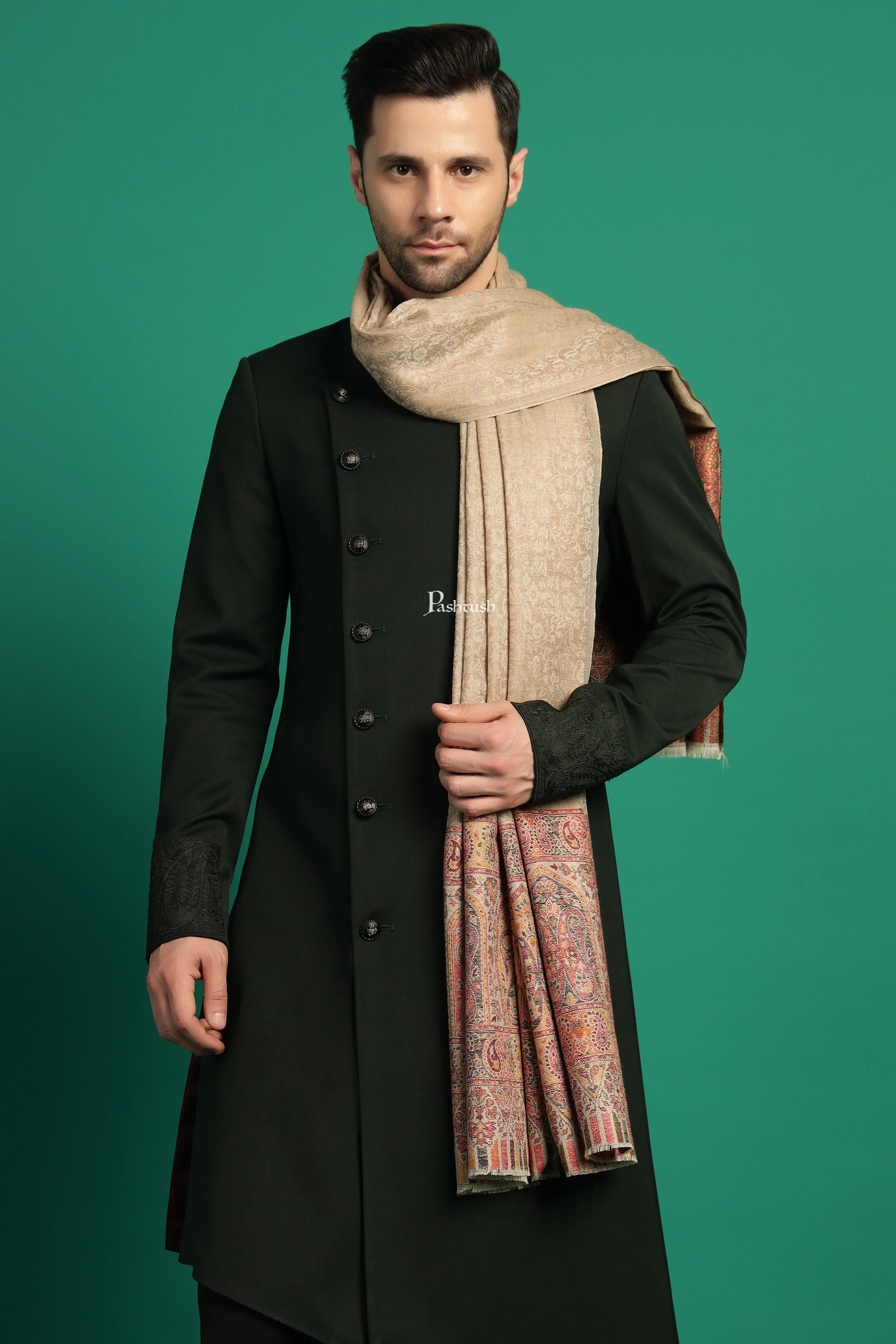 Pashtush Mens Extra Fine Wool Stole, Paisley Palla Design, Beige - Image 6