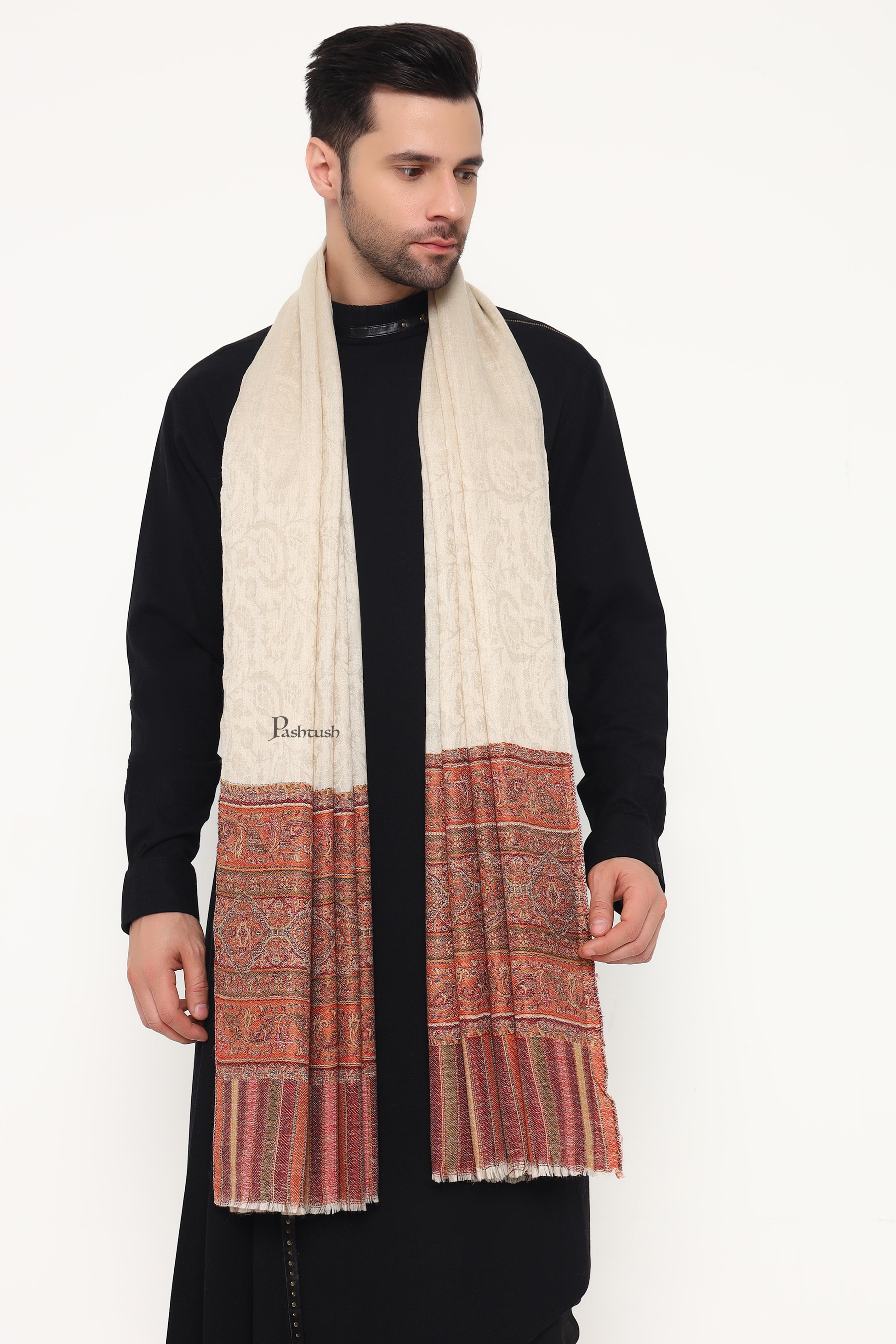 Pashtush Mens Extra Fine Wool Stole, Paisley Palla Design, Beige - Image 3
