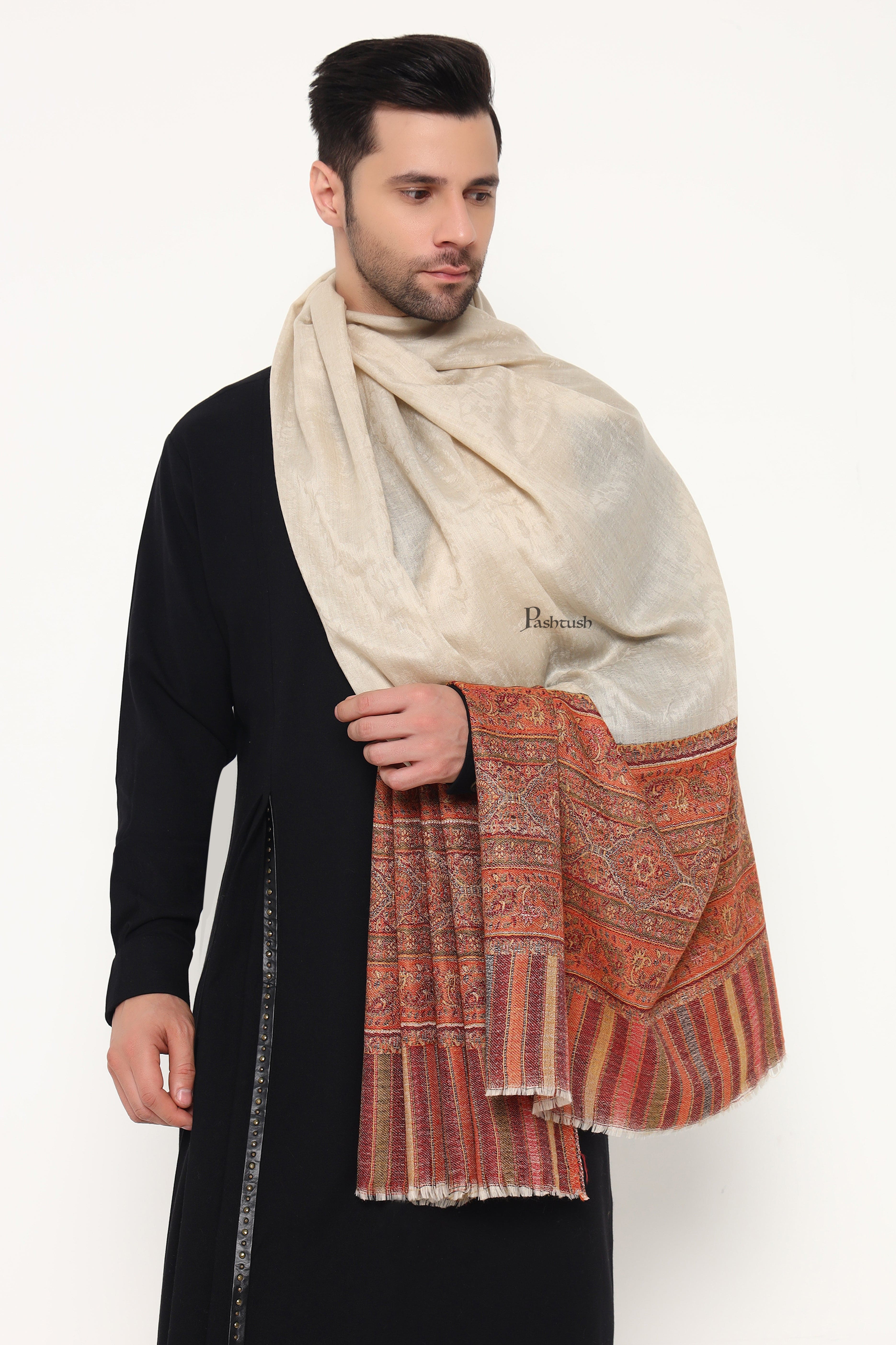 Pashtush Mens Extra Fine Wool Stole, Paisley Palla Design, Beige - Image 4