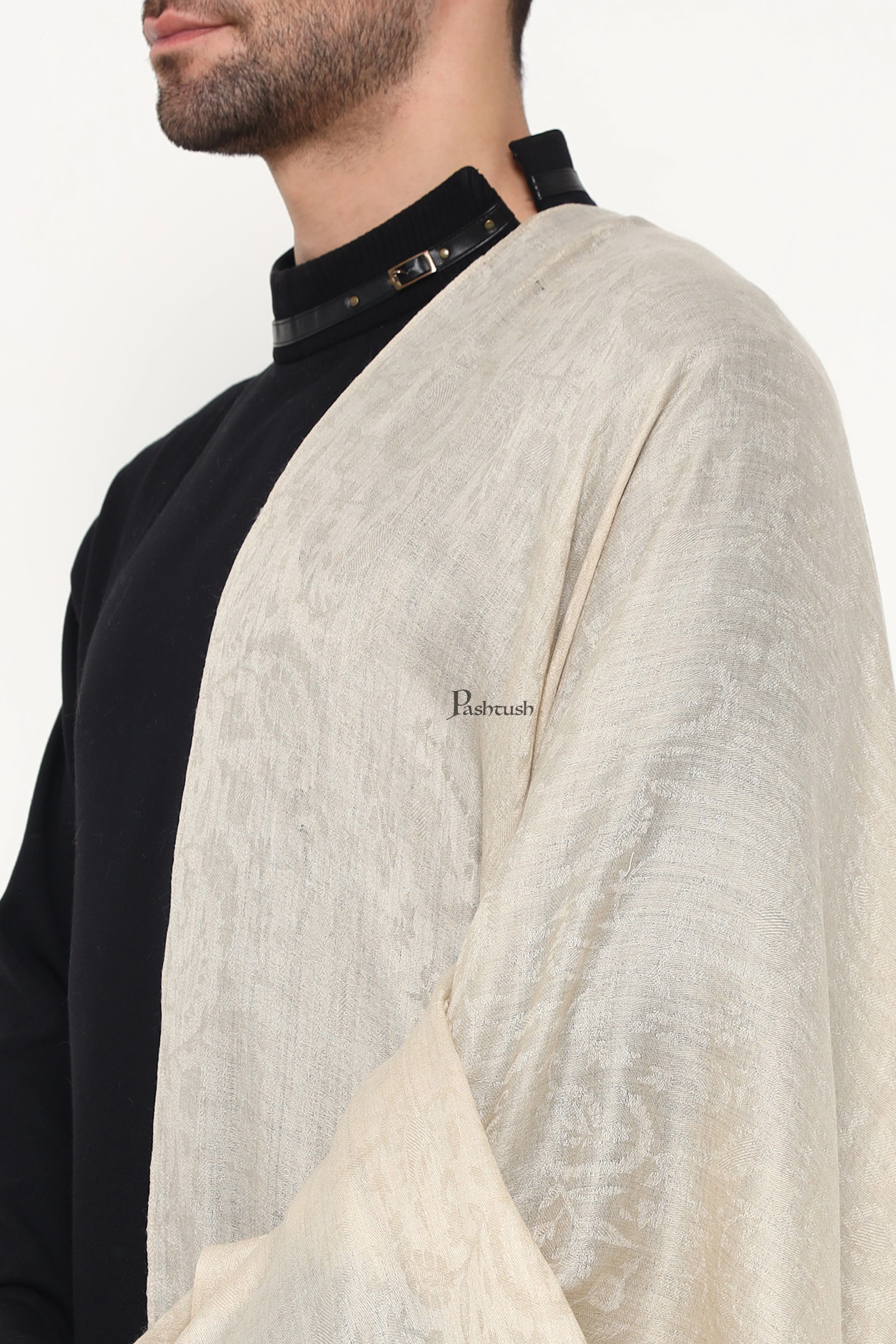 Pashtush Mens Extra Fine Wool Stole, Paisley Palla Design, Beige - Image 5