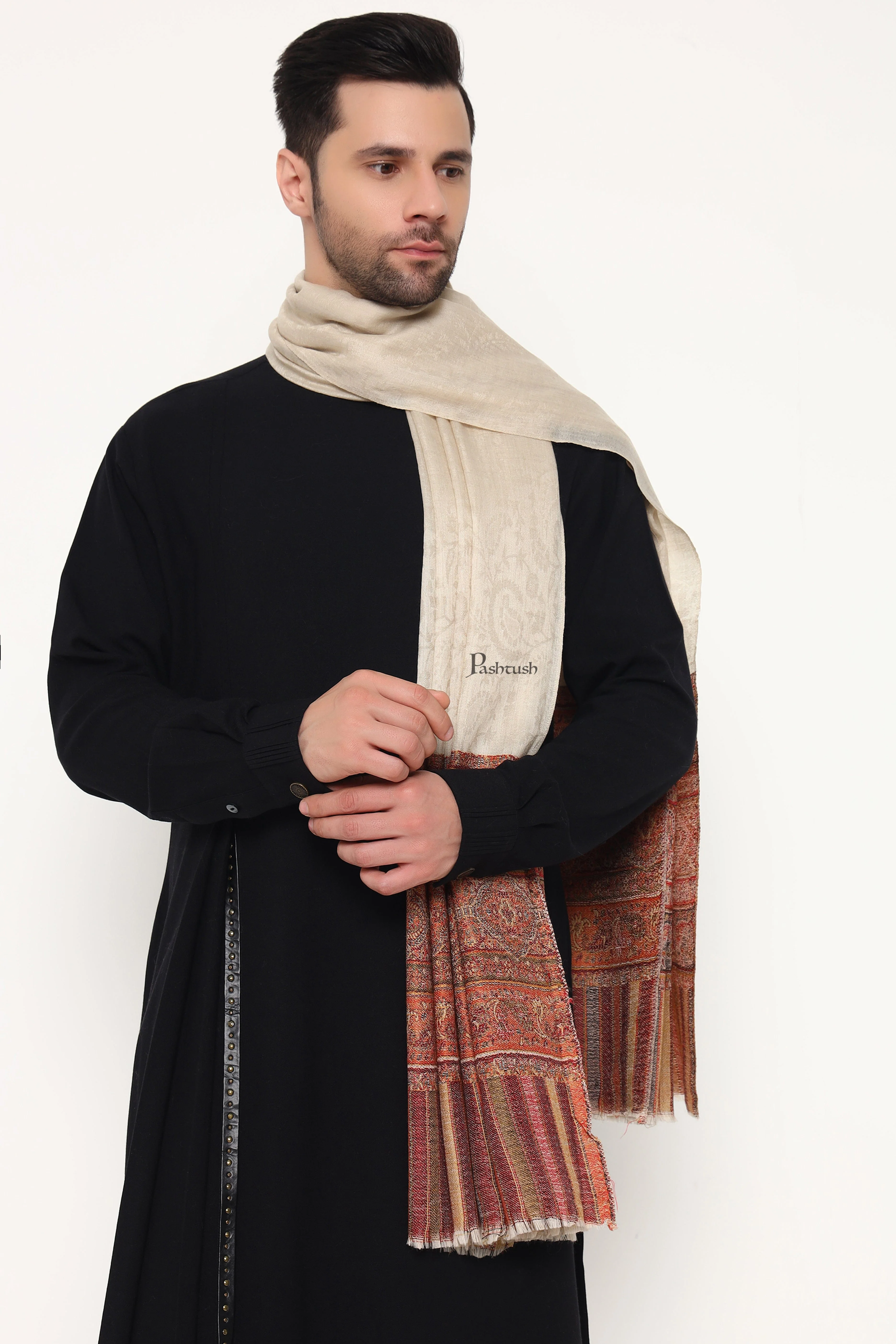 Pashtush Mens Extra Fine Wool Stole, Paisley Palla Design, Beige - Image 6