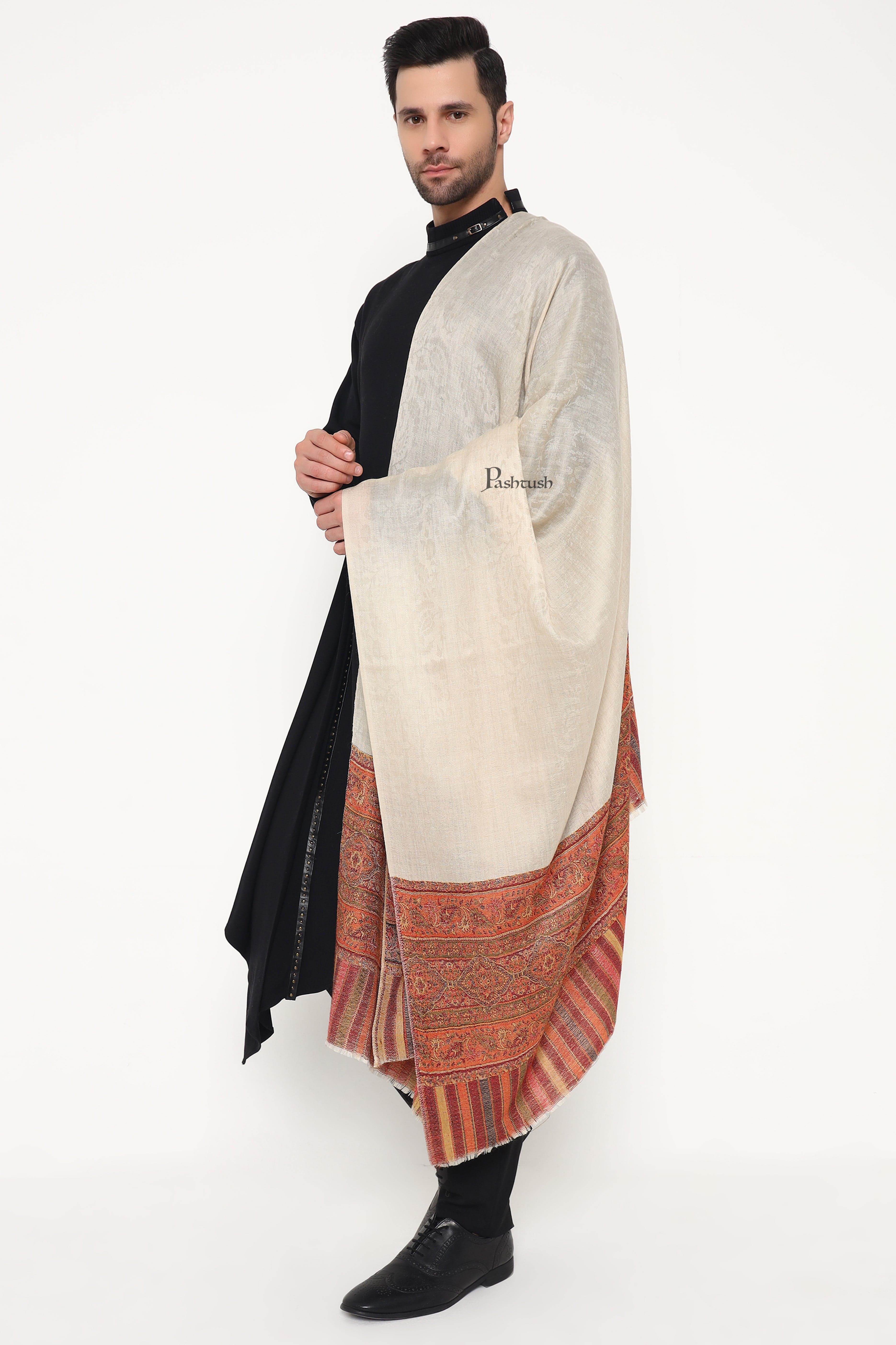 Pashtush Mens Extra Fine Wool Stole, Paisley Palla Design, Beige - Image 7