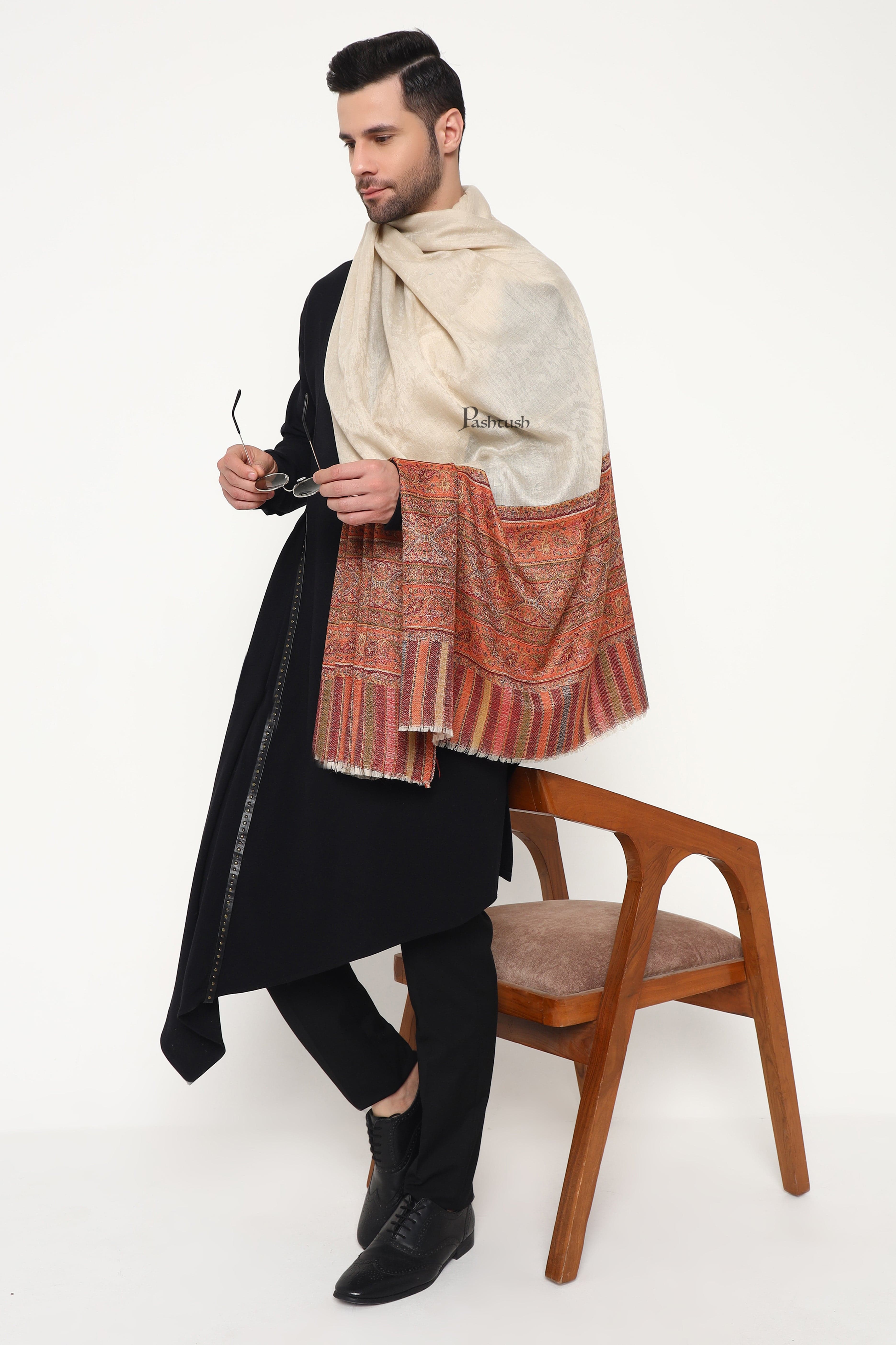Pashtush Mens Extra Fine Wool Stole, Paisley Palla Design, Beige - Image 8