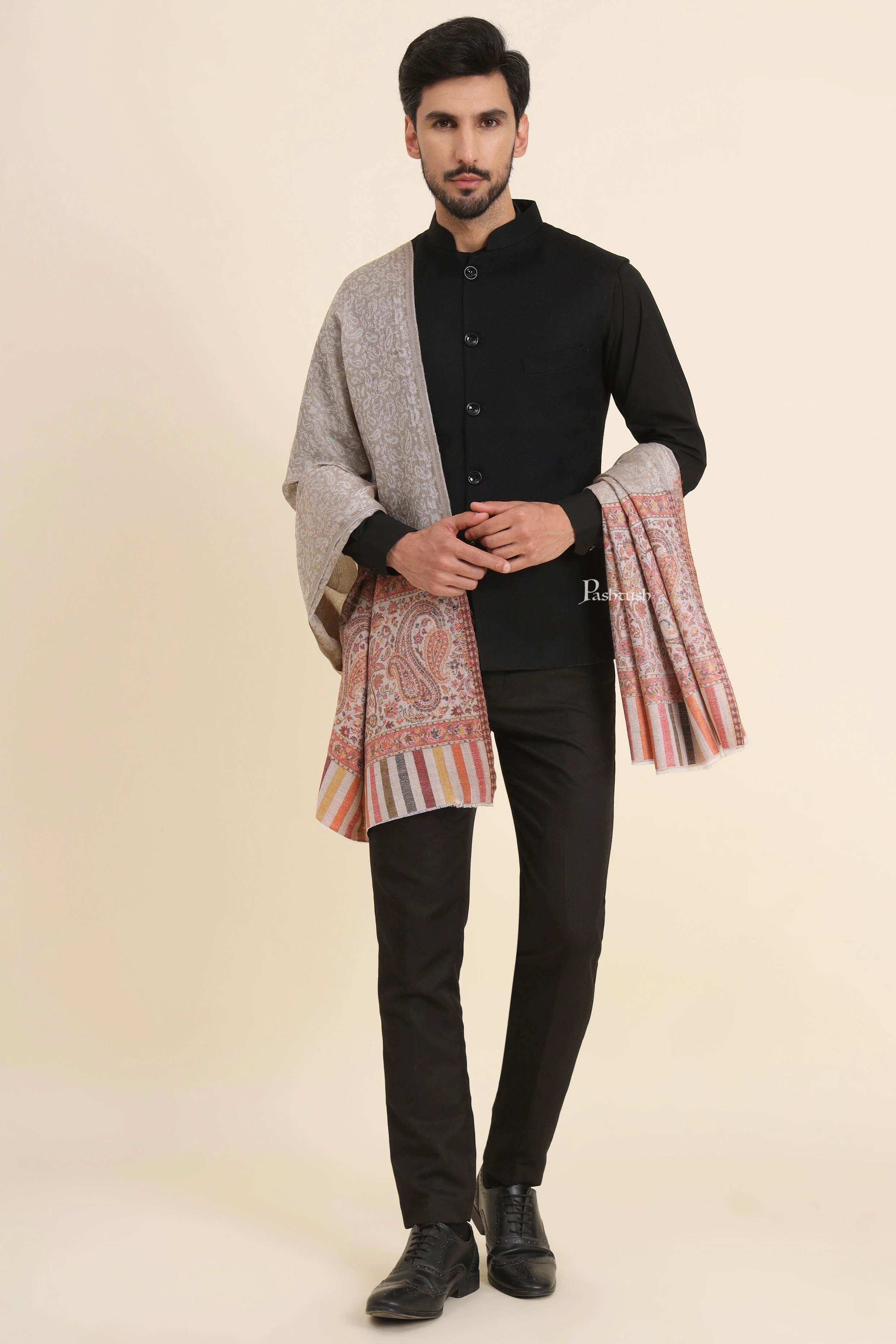 Pashtush Mens Extra Fine Wool Stole, Paisley Weave Design, Beige - Image 2