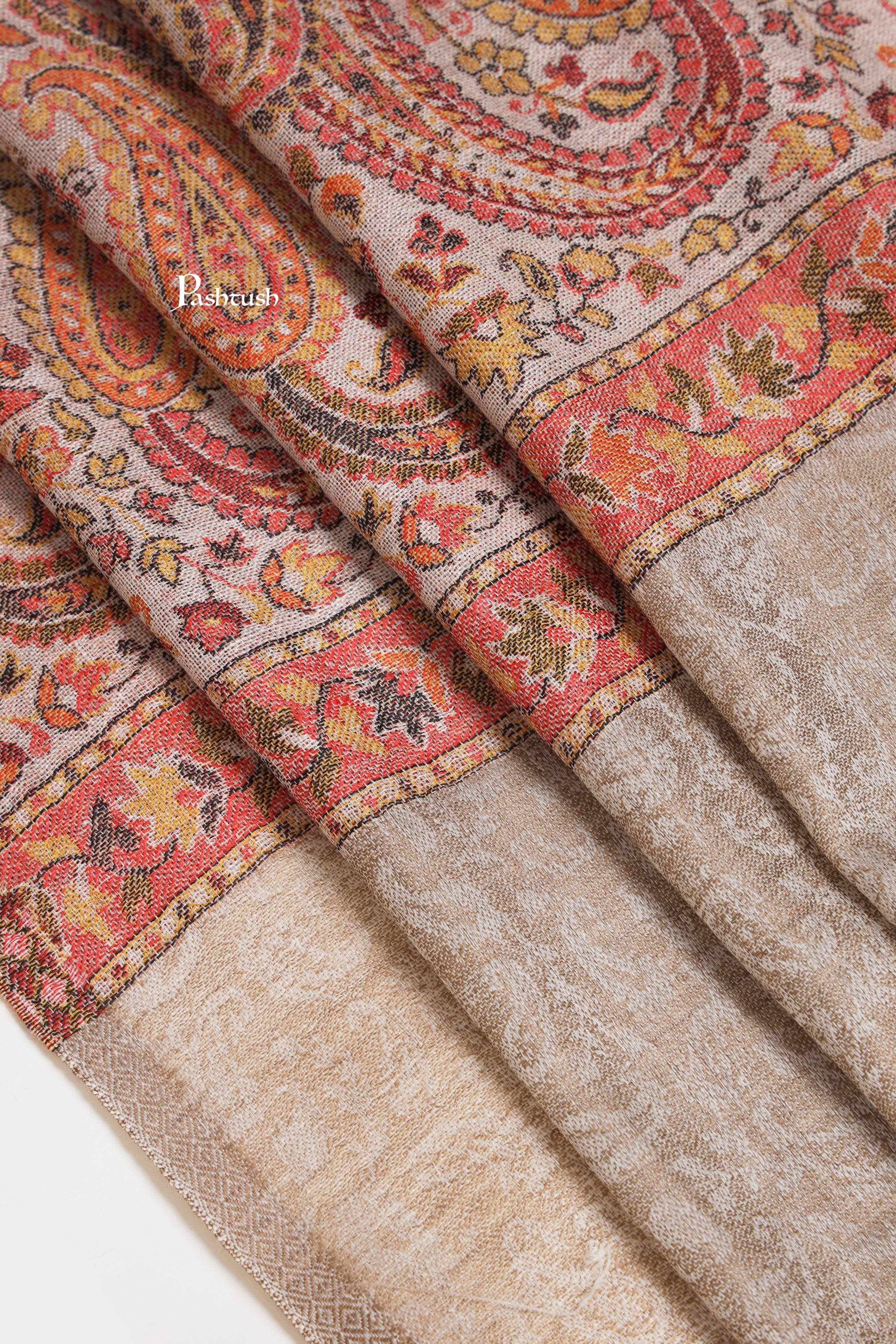 Pashtush Mens Extra Fine Wool Stole, Paisley Weave Design, Beige - Image 4