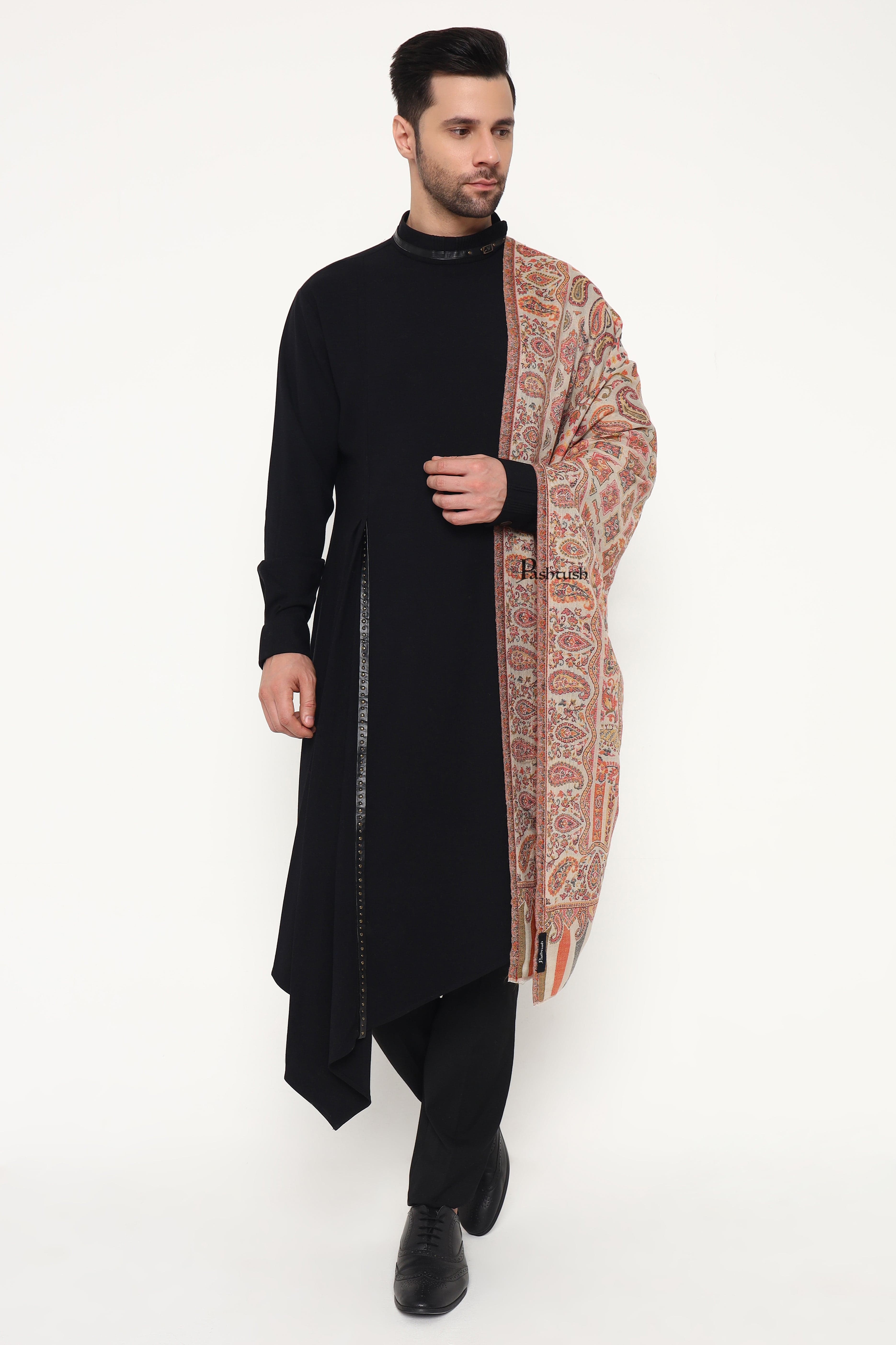 Pashtush Mens Extra Fine Wool Stole, Paisley Weave Design, Beige - Image 7