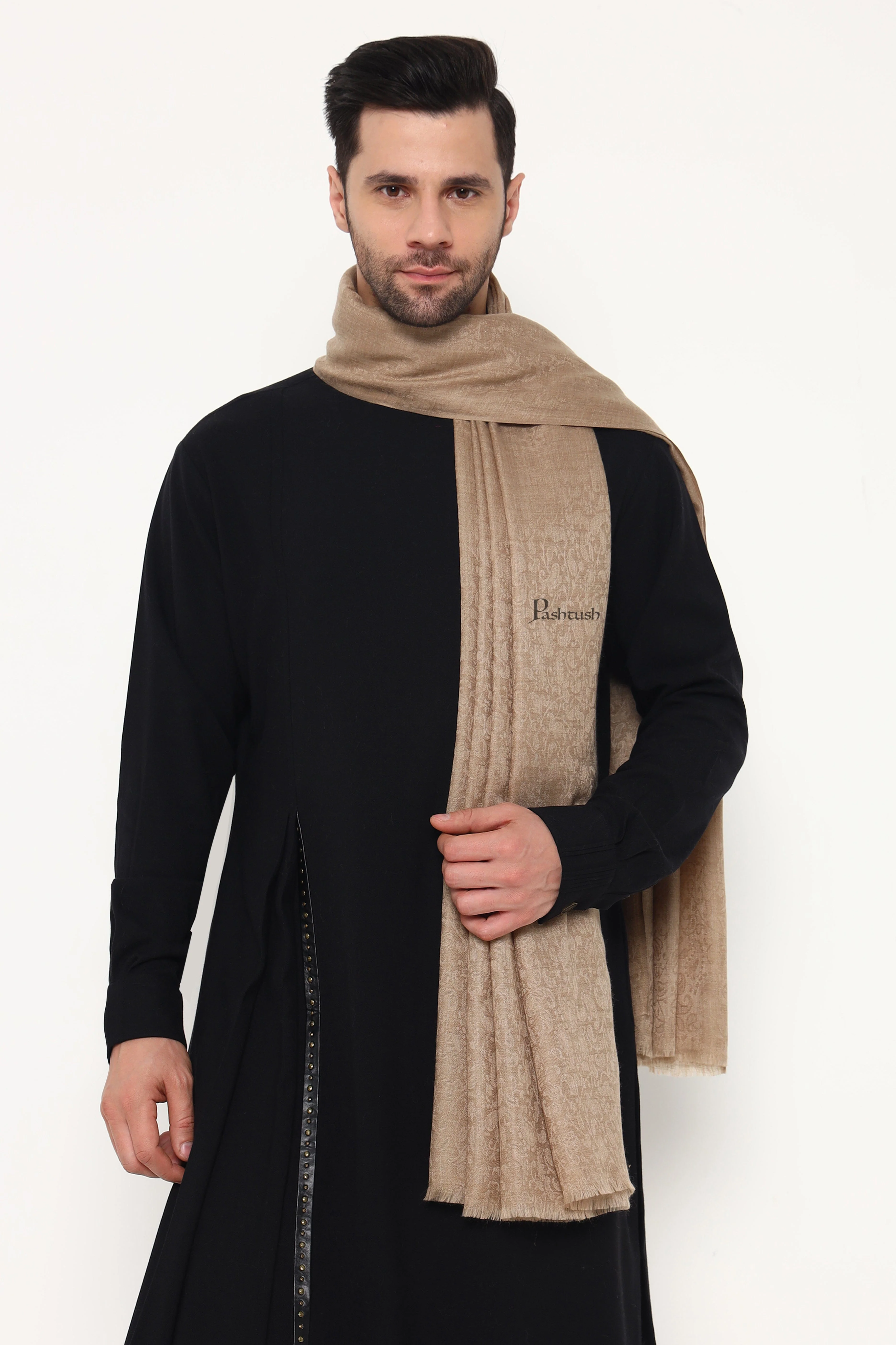 Pashtush Mens Extra Fine Wool Stole, Paisley Weave Design, Taupe - Image 3