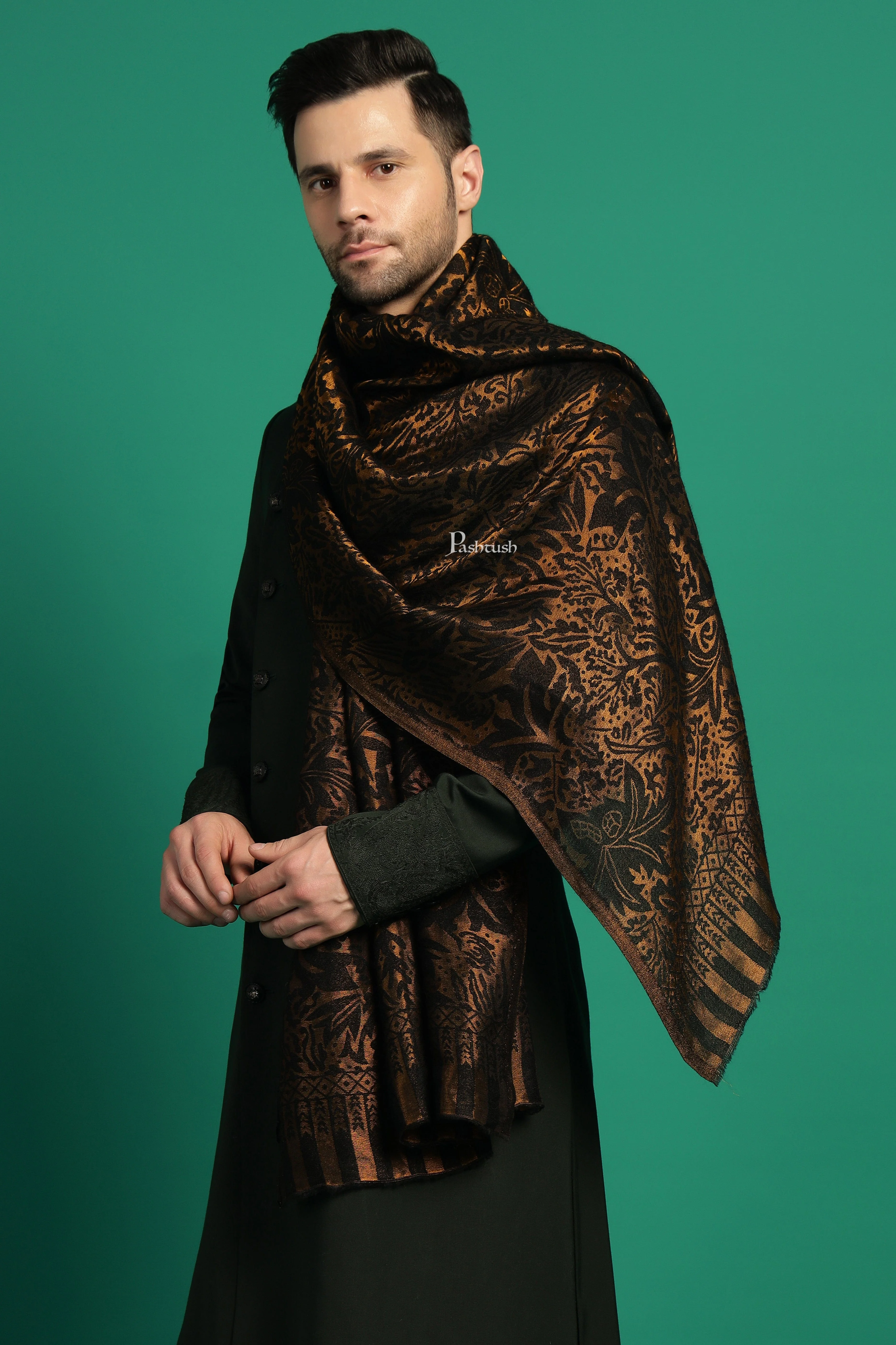 Pashtush Mens Extra Fine Wool Stole, Paisley With Zari Design, Black (Twilight)