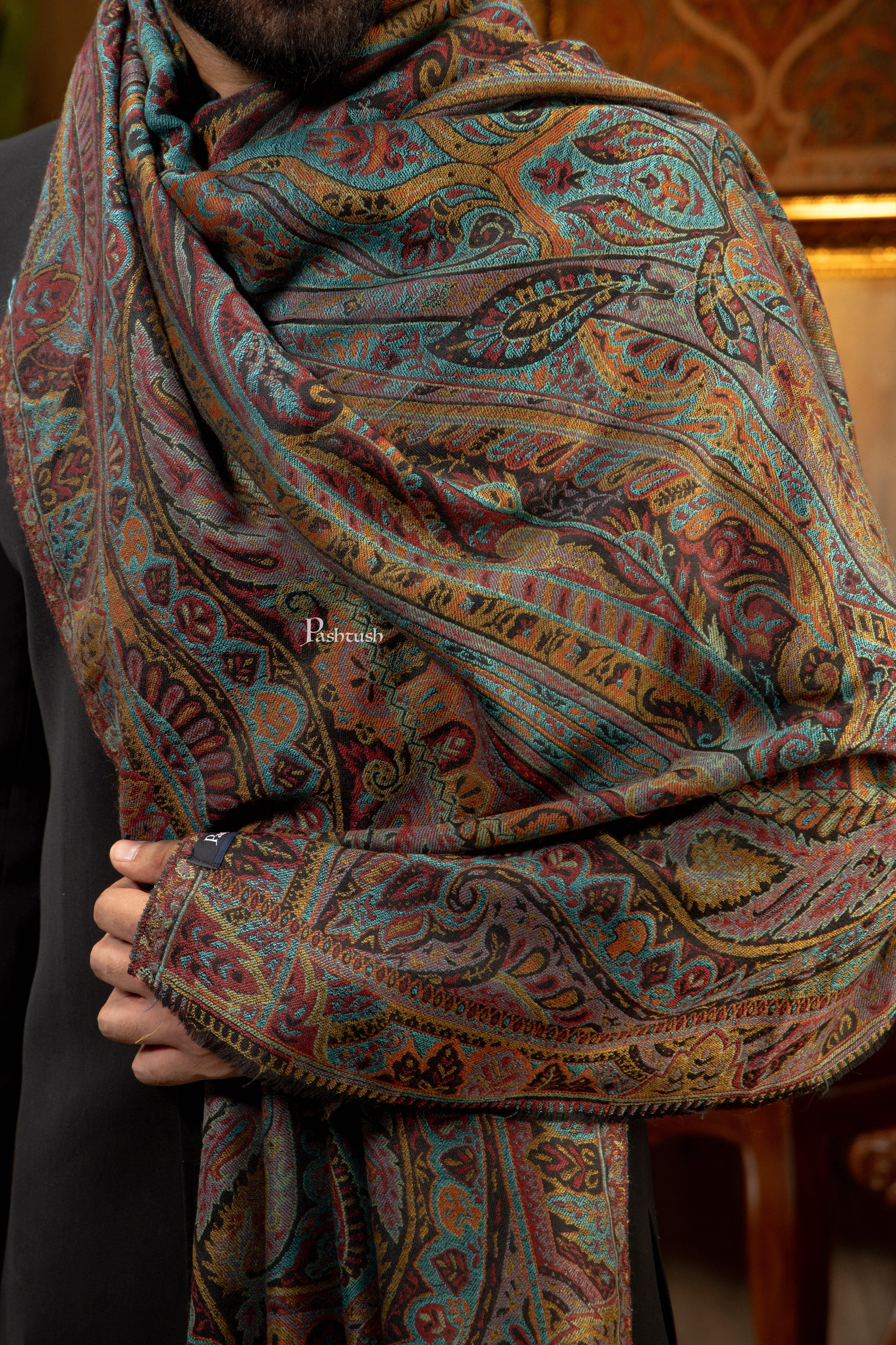 Pashtush Mens Extra Fine Wool Stole, Pasiley Design, Multicolour - Image 2