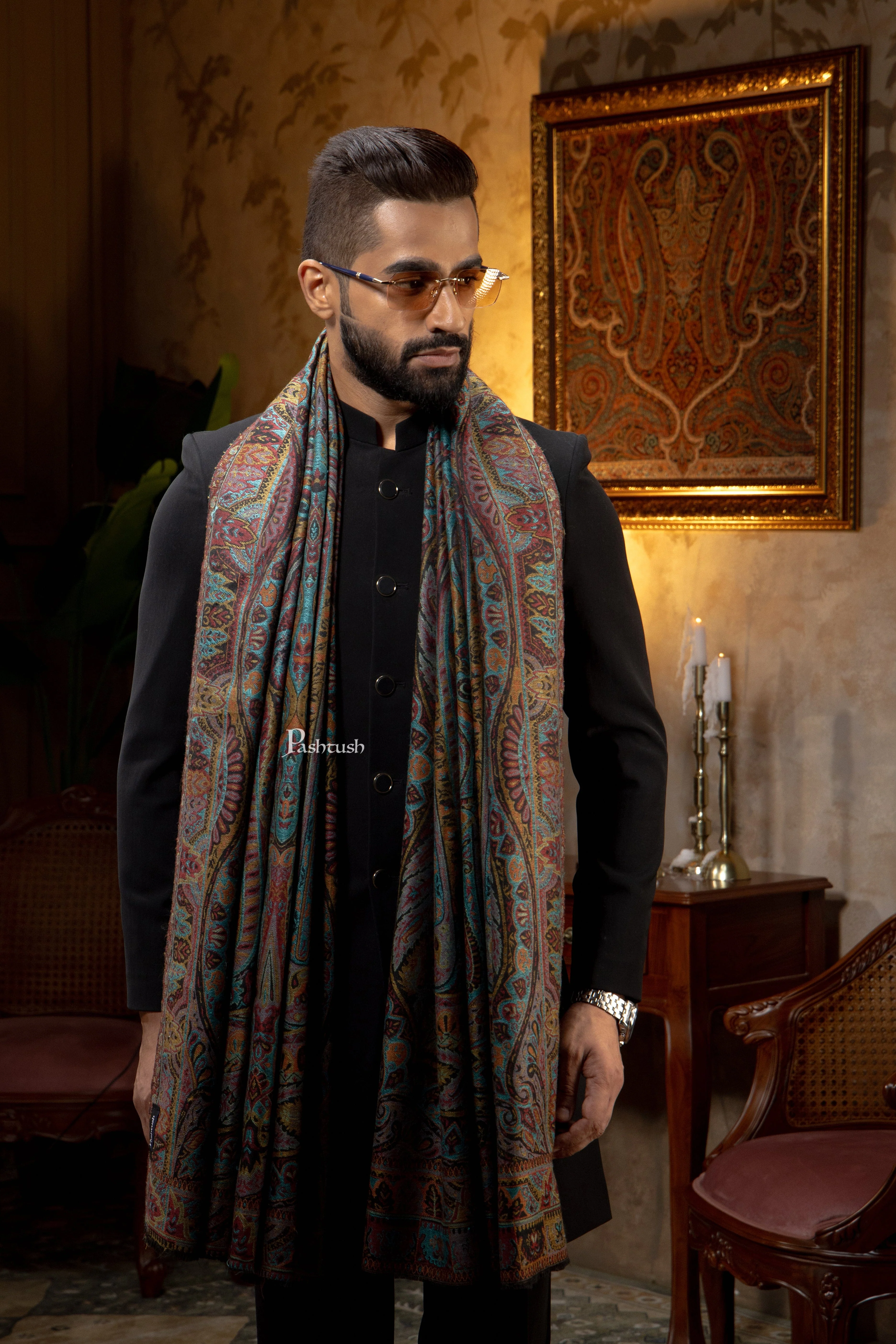 Pashtush Mens Extra Fine Wool Stole, Pasiley Design, Multicolour - Image 5