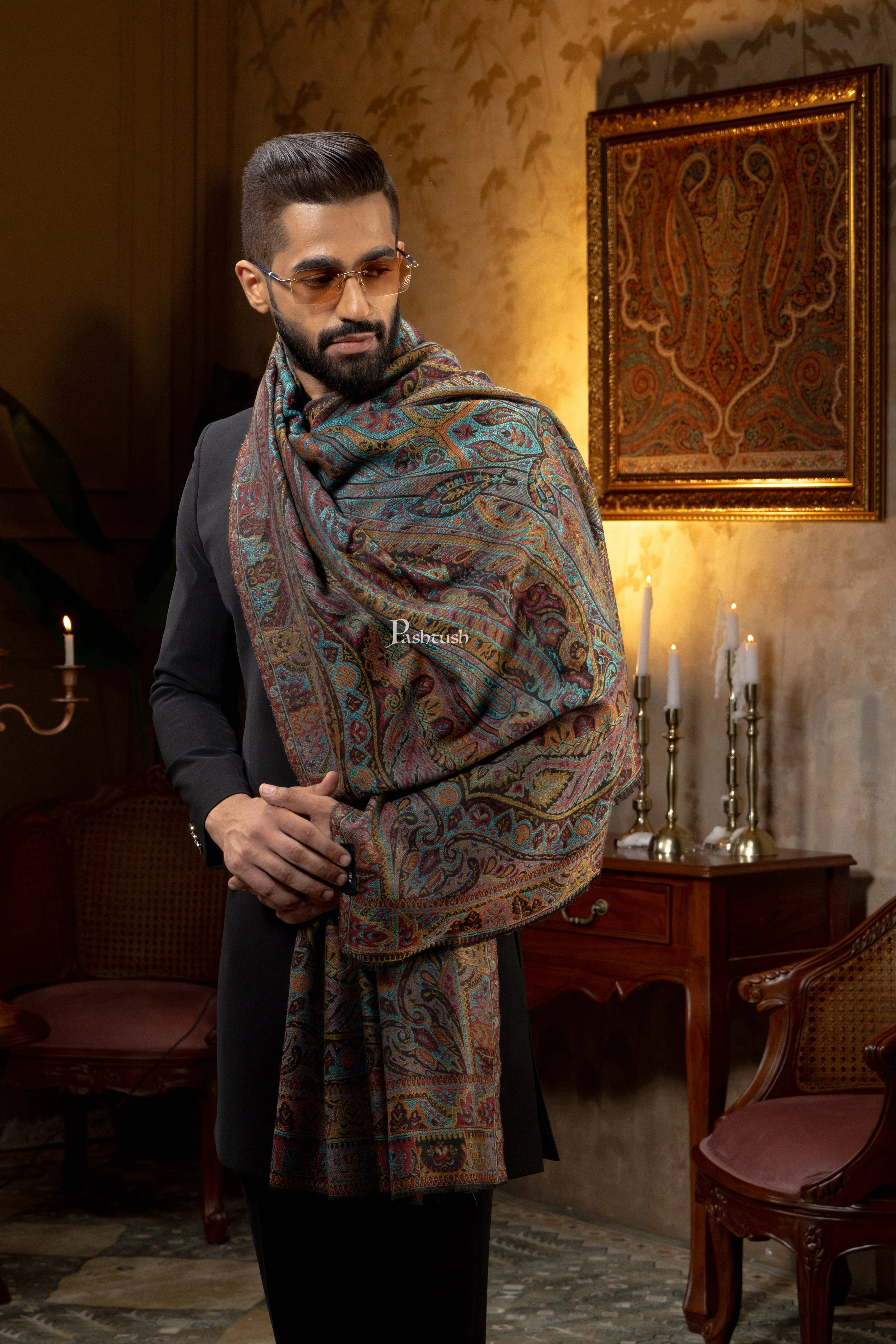 Pashtush Mens Extra Fine Wool Stole, Pasiley Design, Multicolour - Image 8