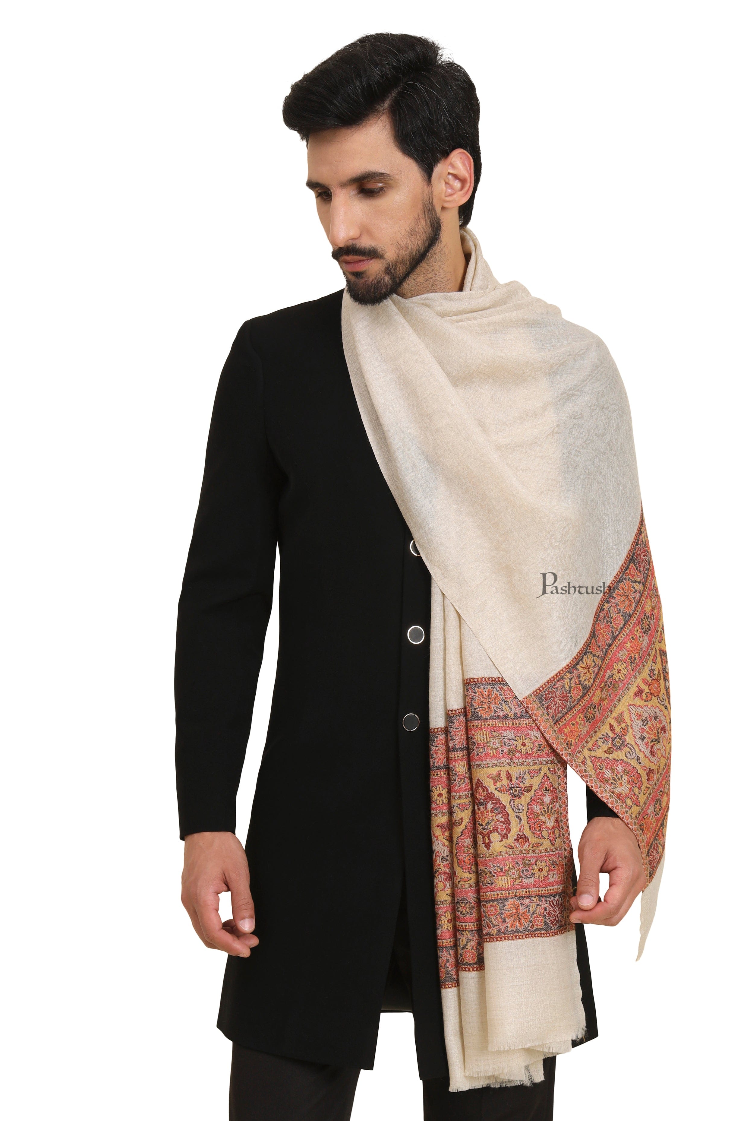Pashtush Mens Extra Fine Wool Stole, Pasiley Palla Design, Beige - Image 2