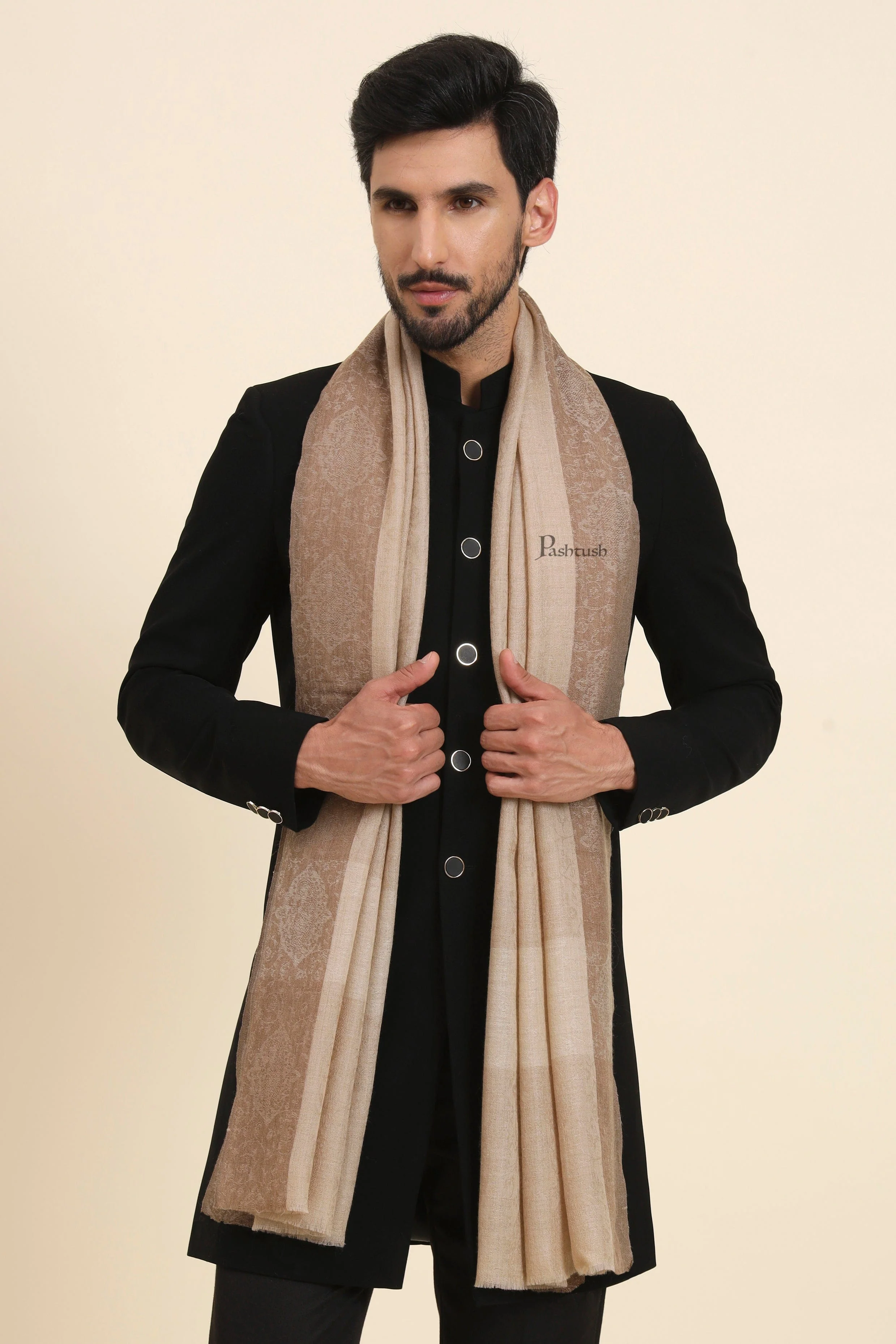 Pashtush Mens Extra Fine Wool Stole, Self Jacquard Paisley Design, Beige - Image 4