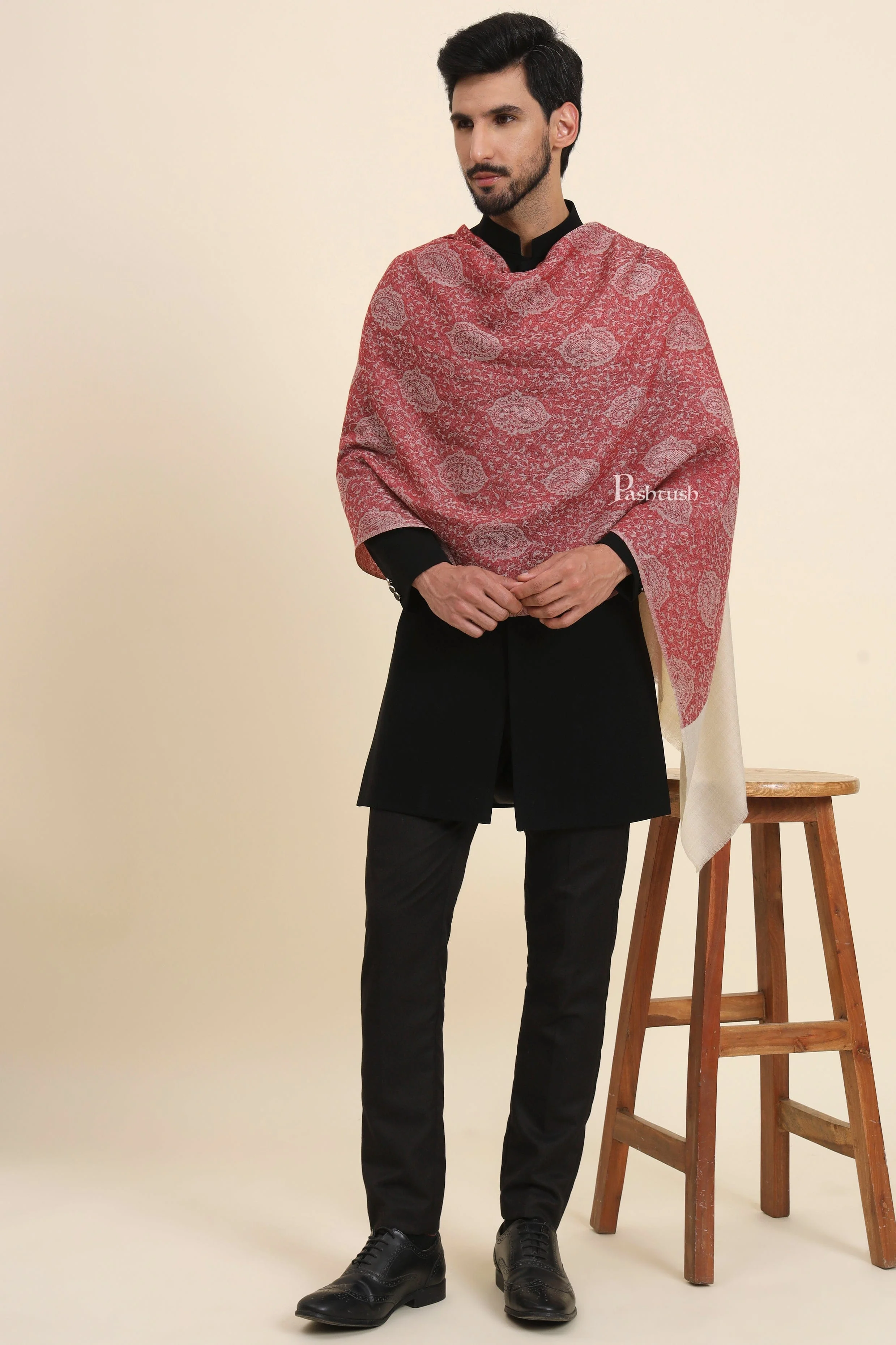 Pashtush Mens Extra Fine Wool Stole, Self Jacquard Paisley Design, Maroon - Image 3