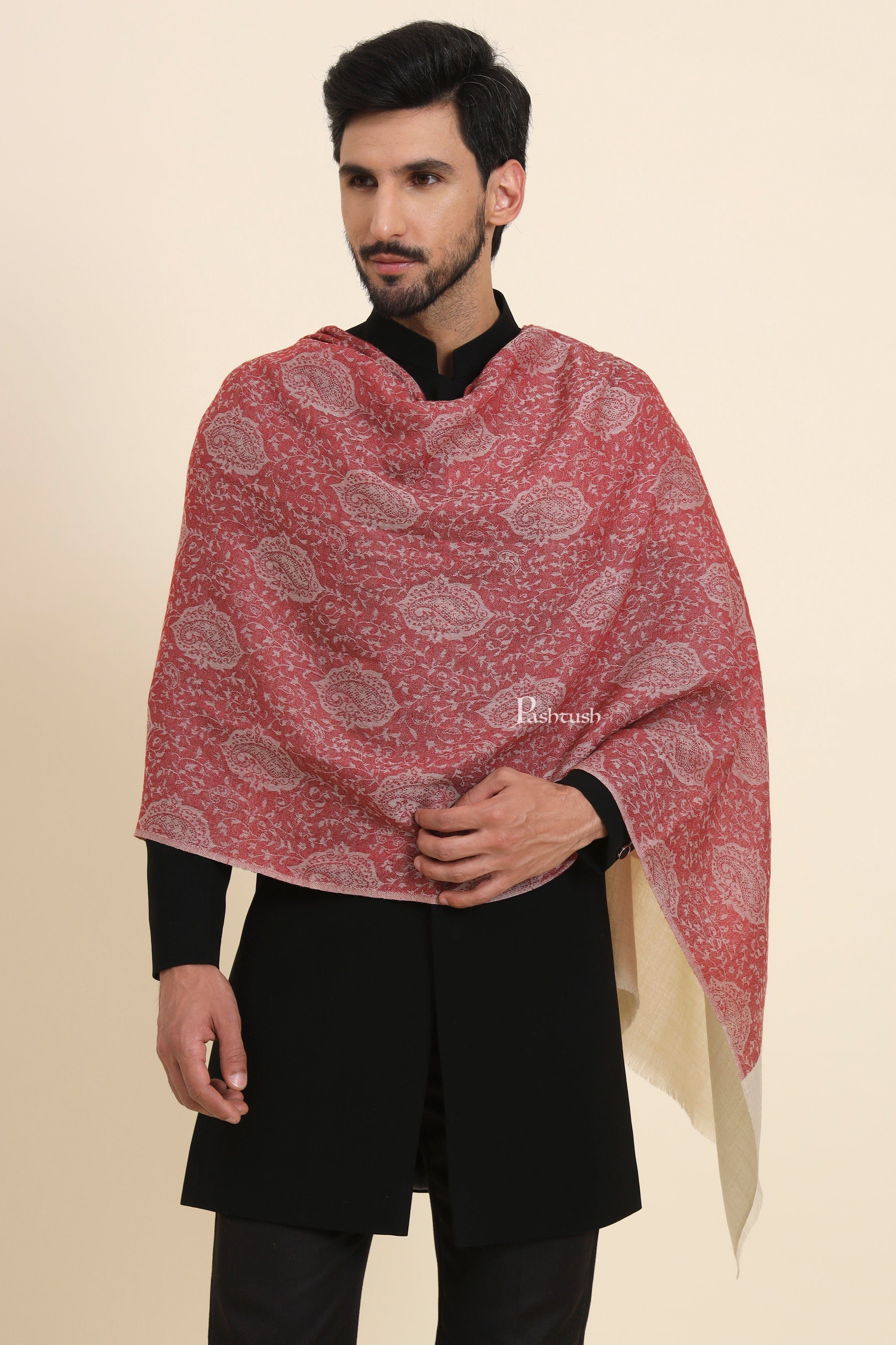 Pashtush Mens Extra Fine Wool Stole, Self Jacquard Paisley Design, Maroon - Image 4