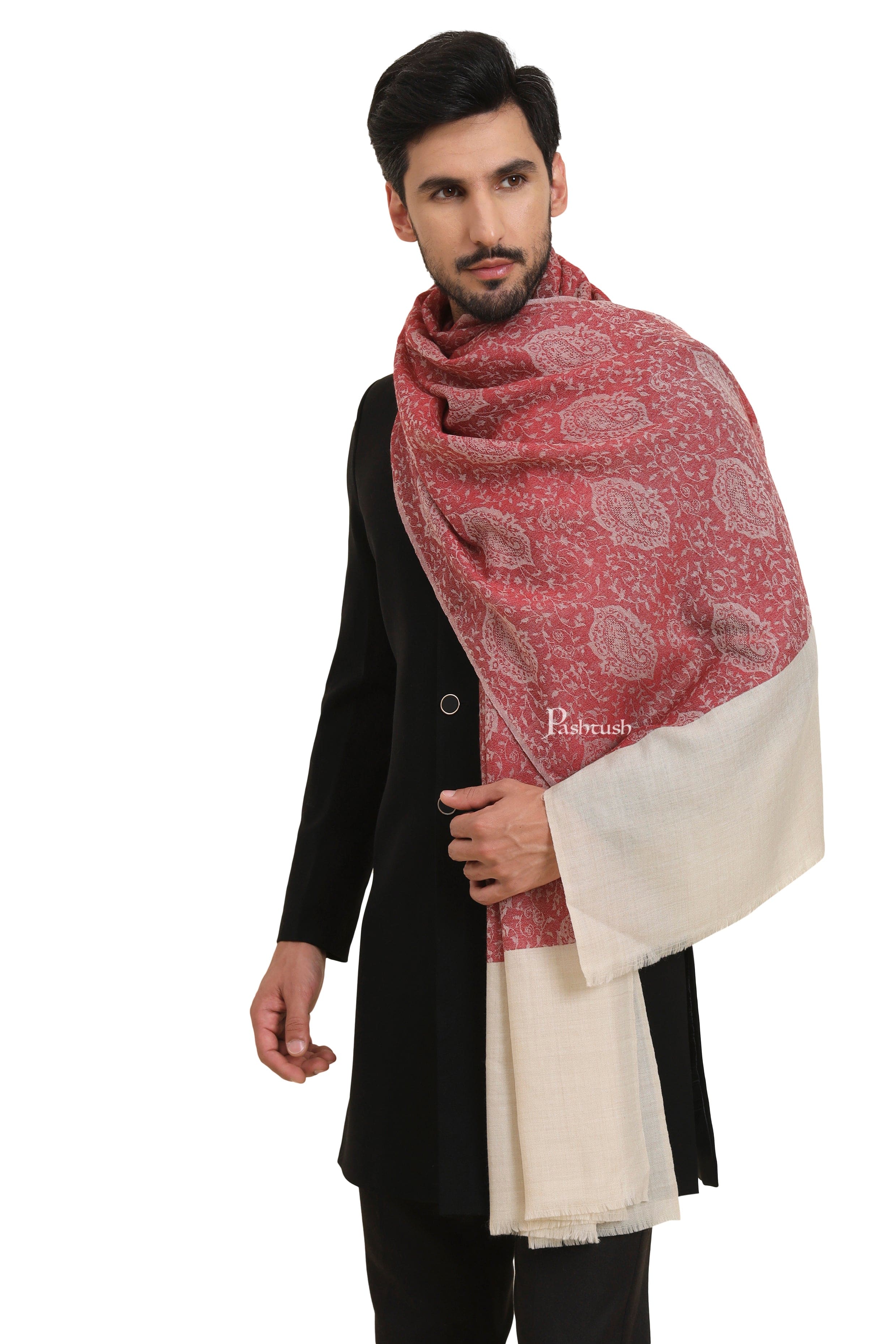 Pashtush Mens Extra Fine Wool Stole, Self Jacquard Paisley Design, Maroon - Image 5