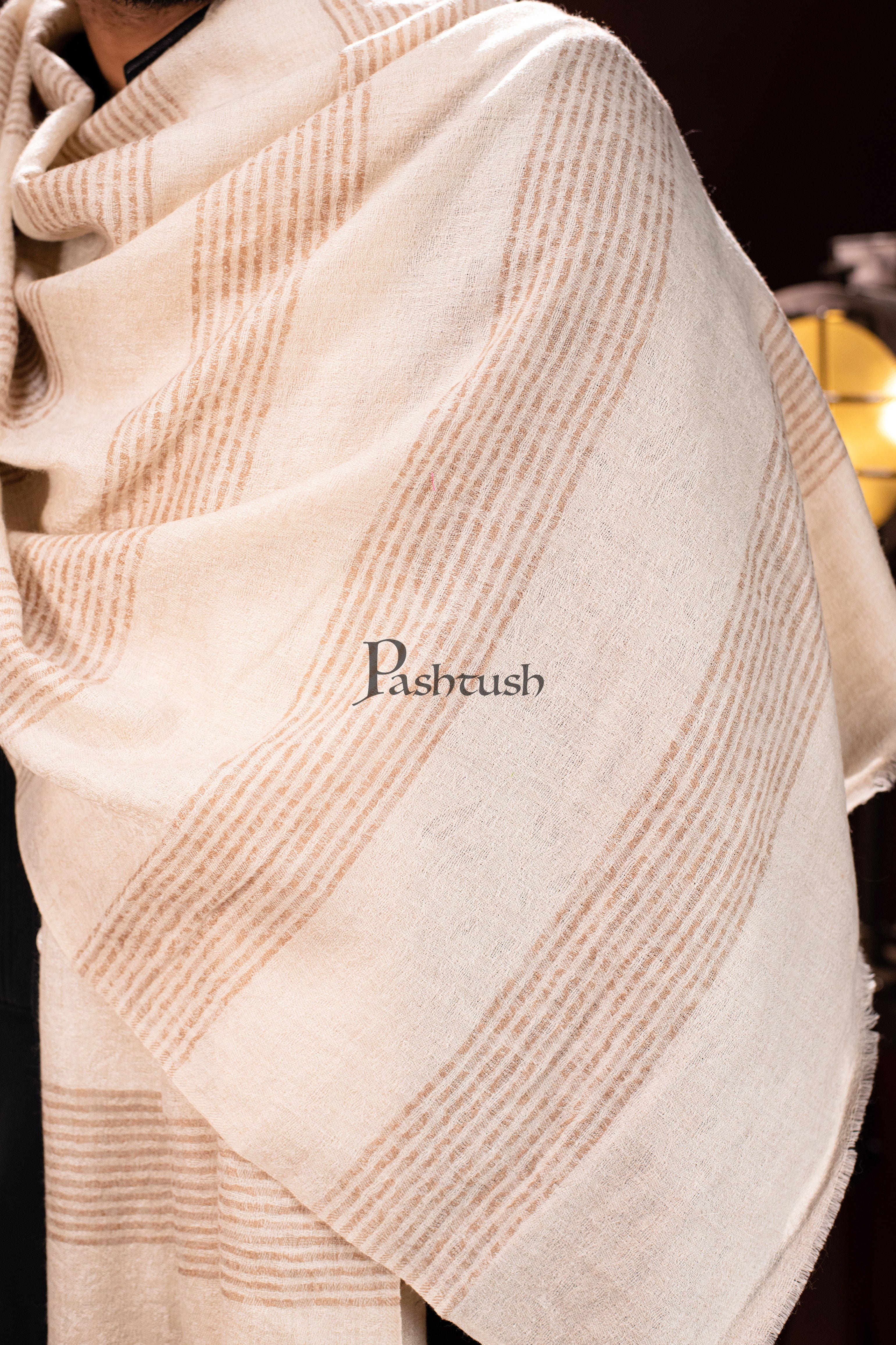 Pashtush mens Extra Fine Wool stole, Stripe design, Beige - Image 3