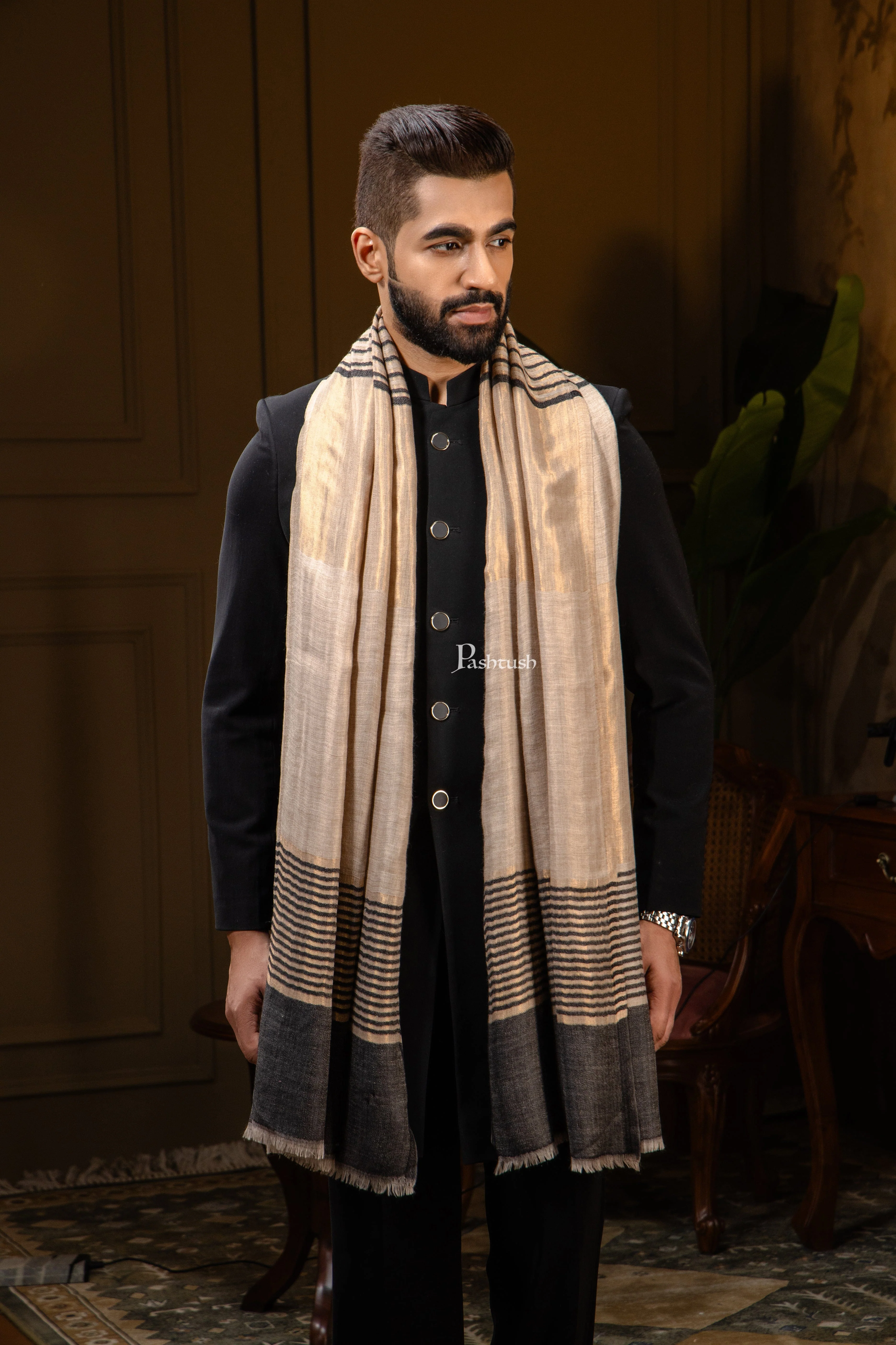 Pashtush Mens Extra Fine Wool Stole, Stripe Twilight Design, Black