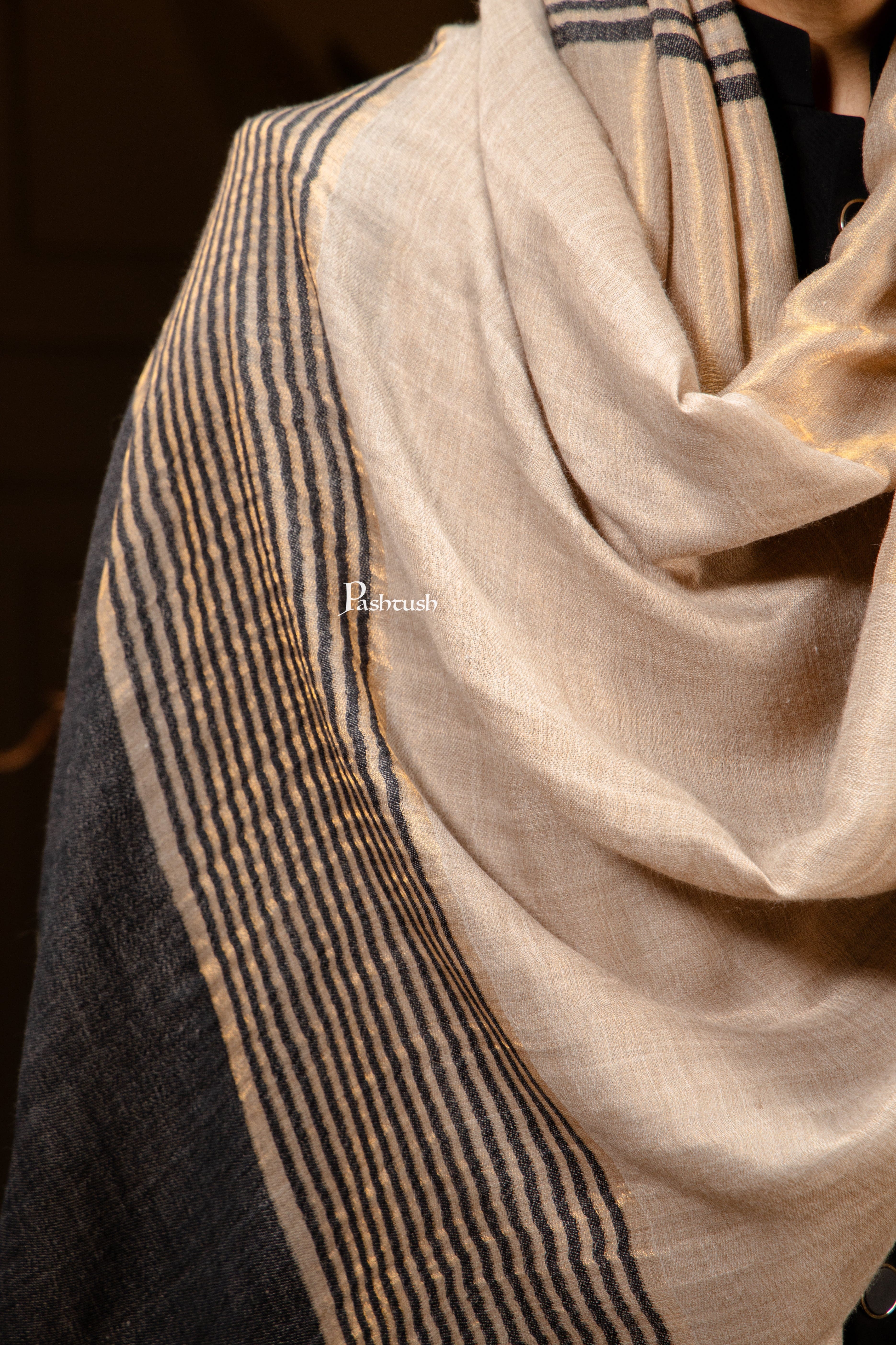 Pashtush Mens Extra Fine Wool Stole, Stripe Twilight Design, Black - Image 2
