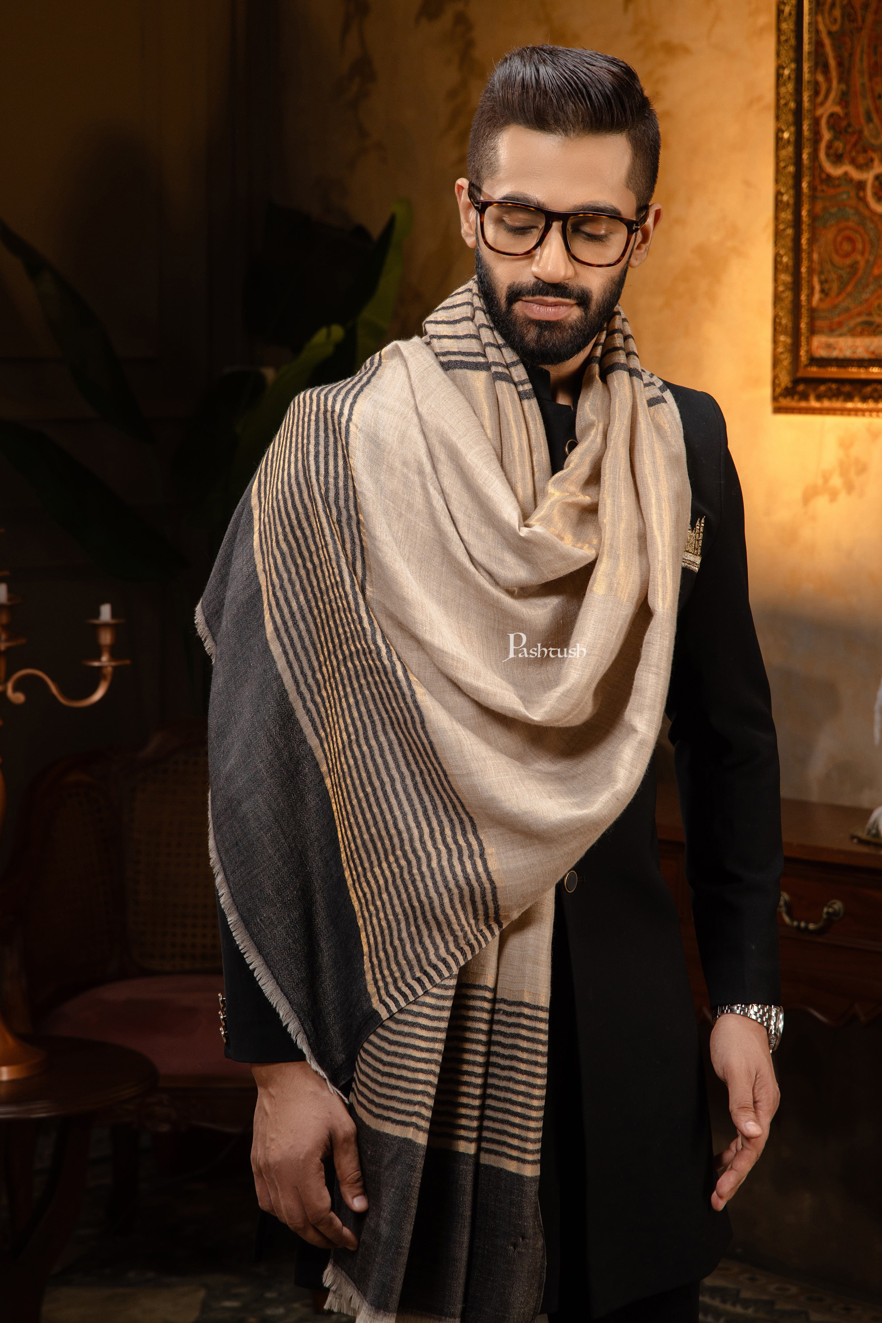 Pashtush Mens Extra Fine Wool Stole, Stripe Twilight Design, Black - Image 3