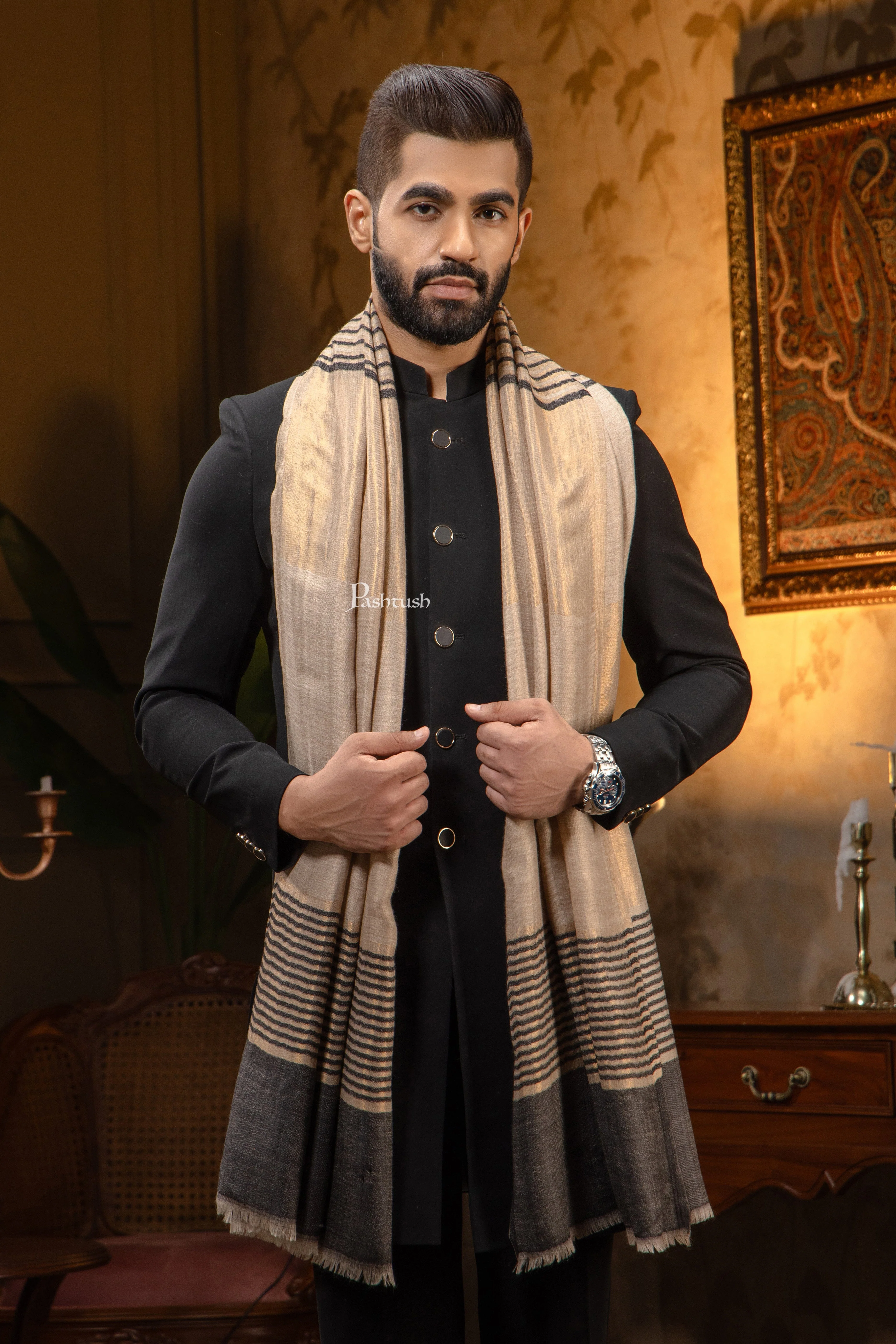 Pashtush Mens Extra Fine Wool Stole, Stripe Twilight Design, Black - Image 4