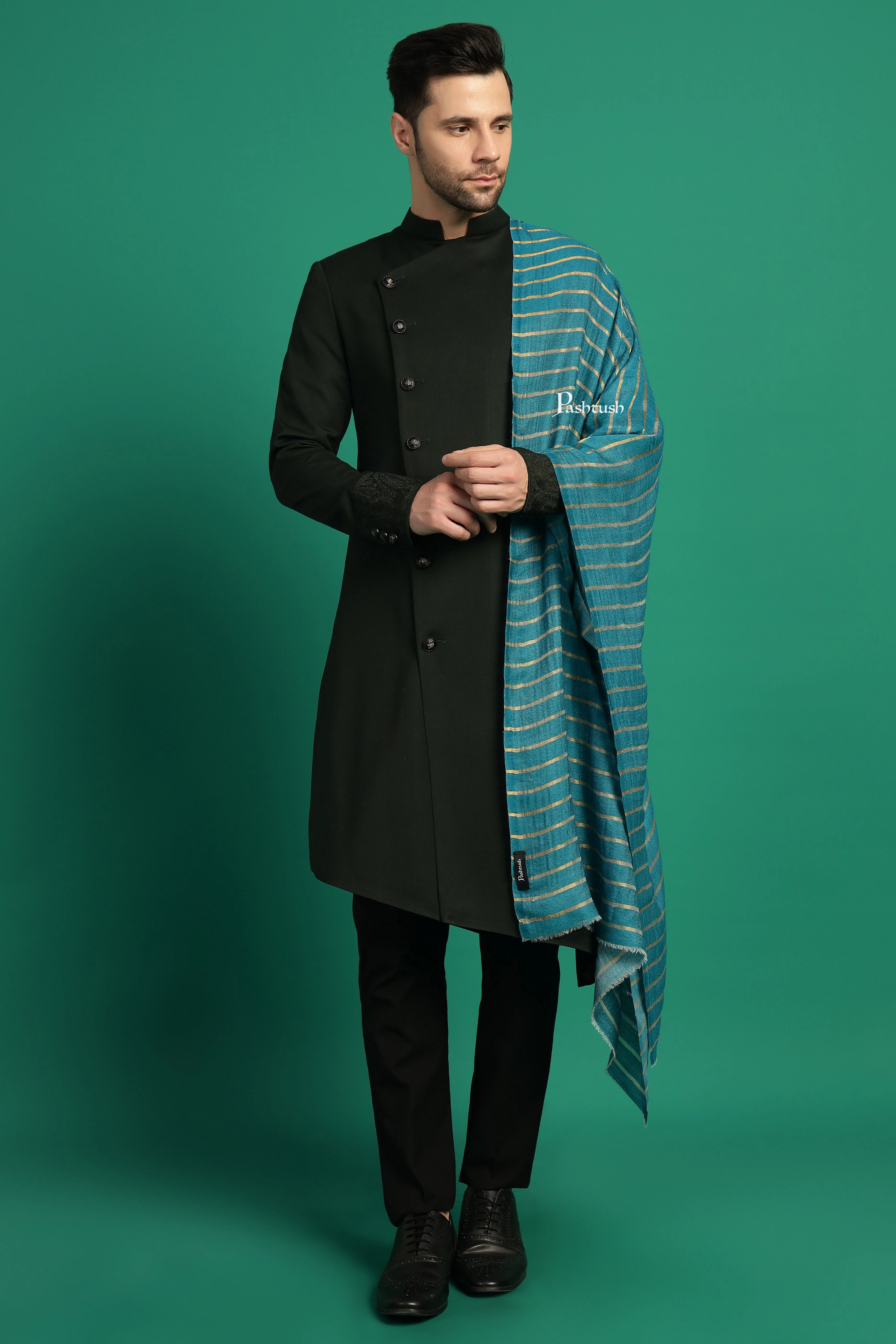 Pashtush Mens Extra Fine Wool Stole, Stripe With Zari Design, Blue (Twilight) - Image 4