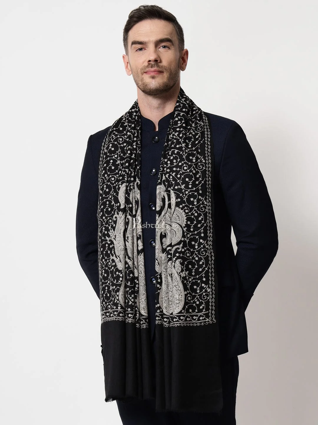 Pashtush mens Extra Fine Wool stole, tone tone jaal embroidery design, Black - Image 4
