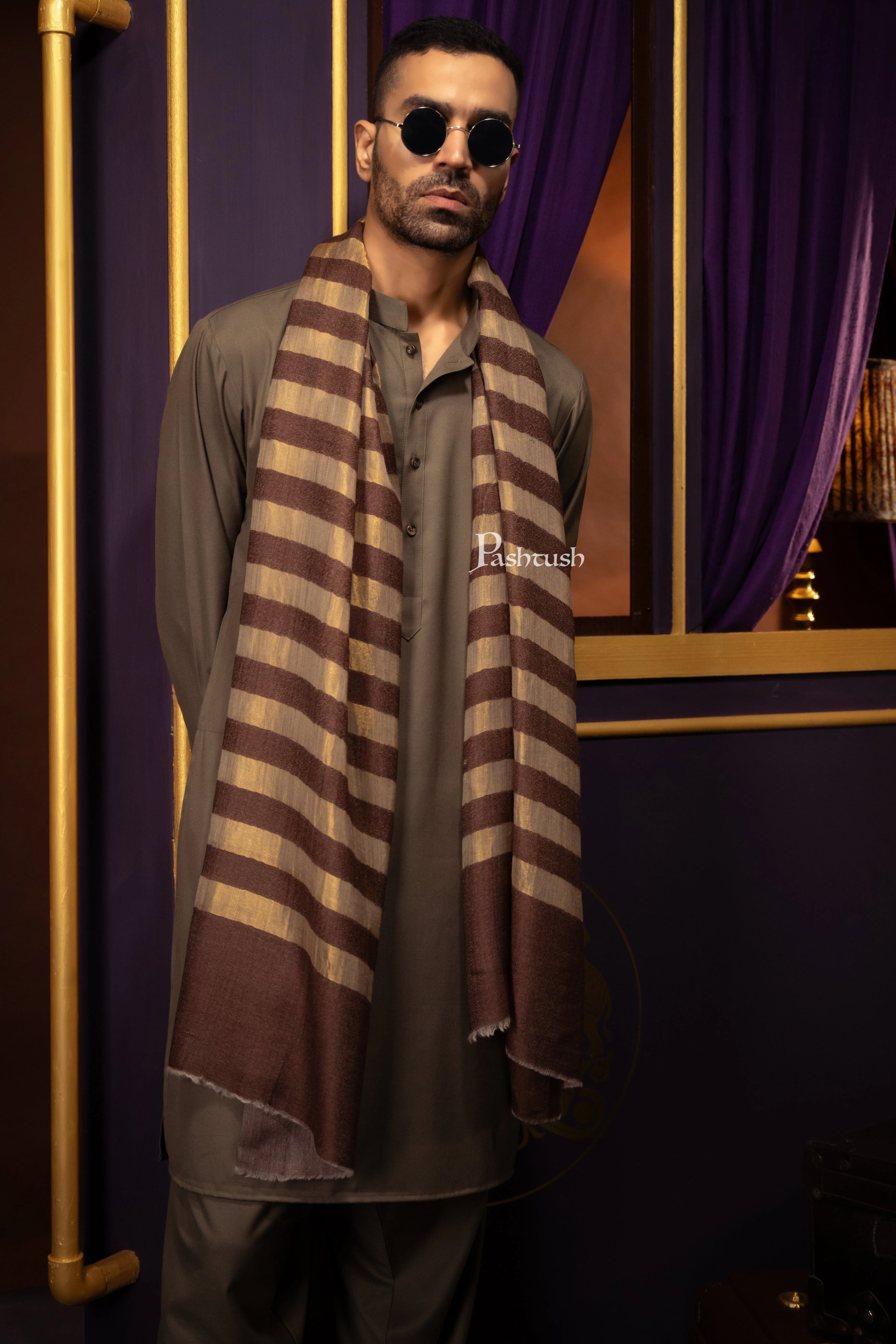Pashtush Mens Extra Fine Wool Stole, Twilght Collection Stripe Design, Dark Brown - Image 4