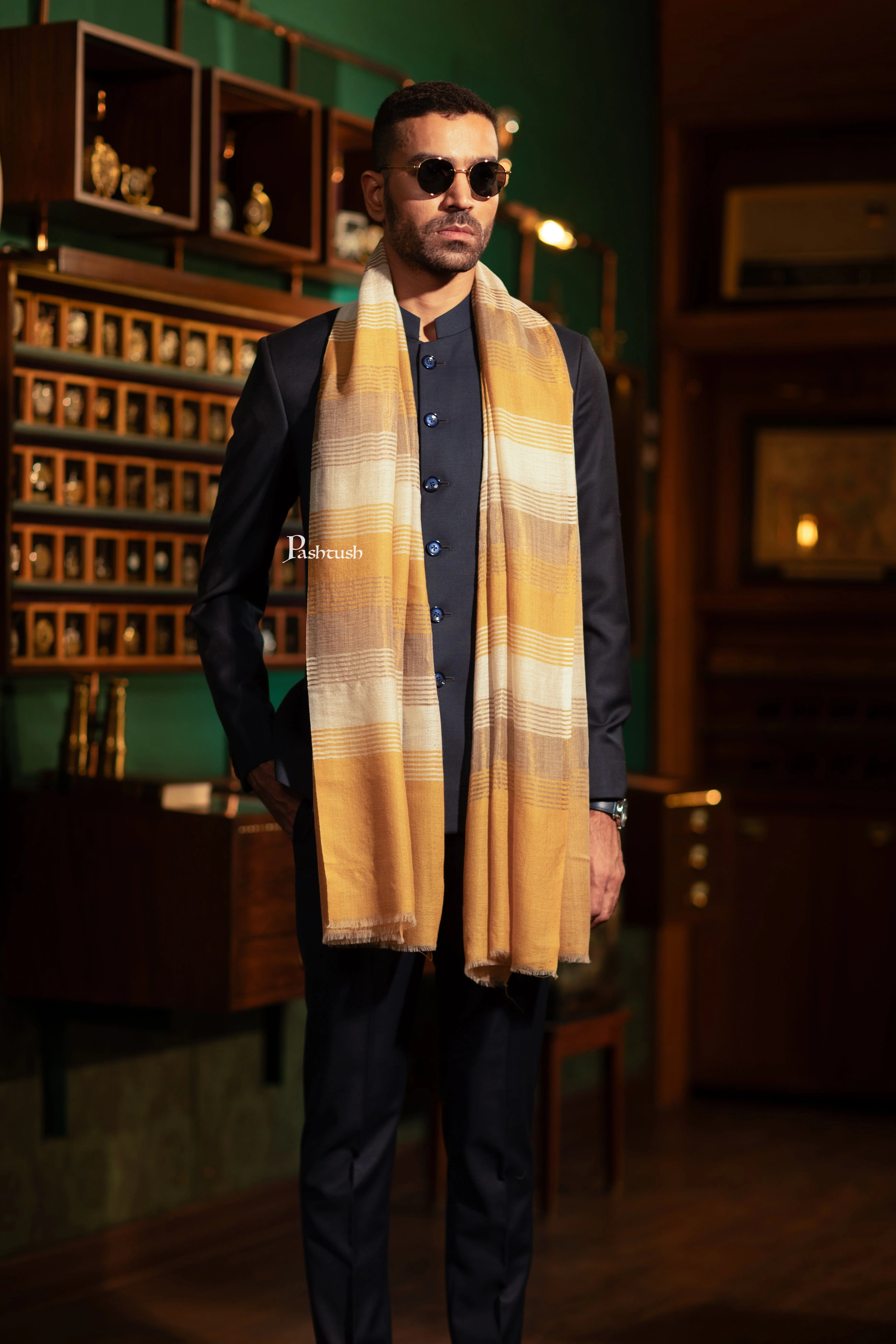Pashtush Mens Extra Fine Wool Stole, Twilight Multi Stripe Reversible Design, Mustard