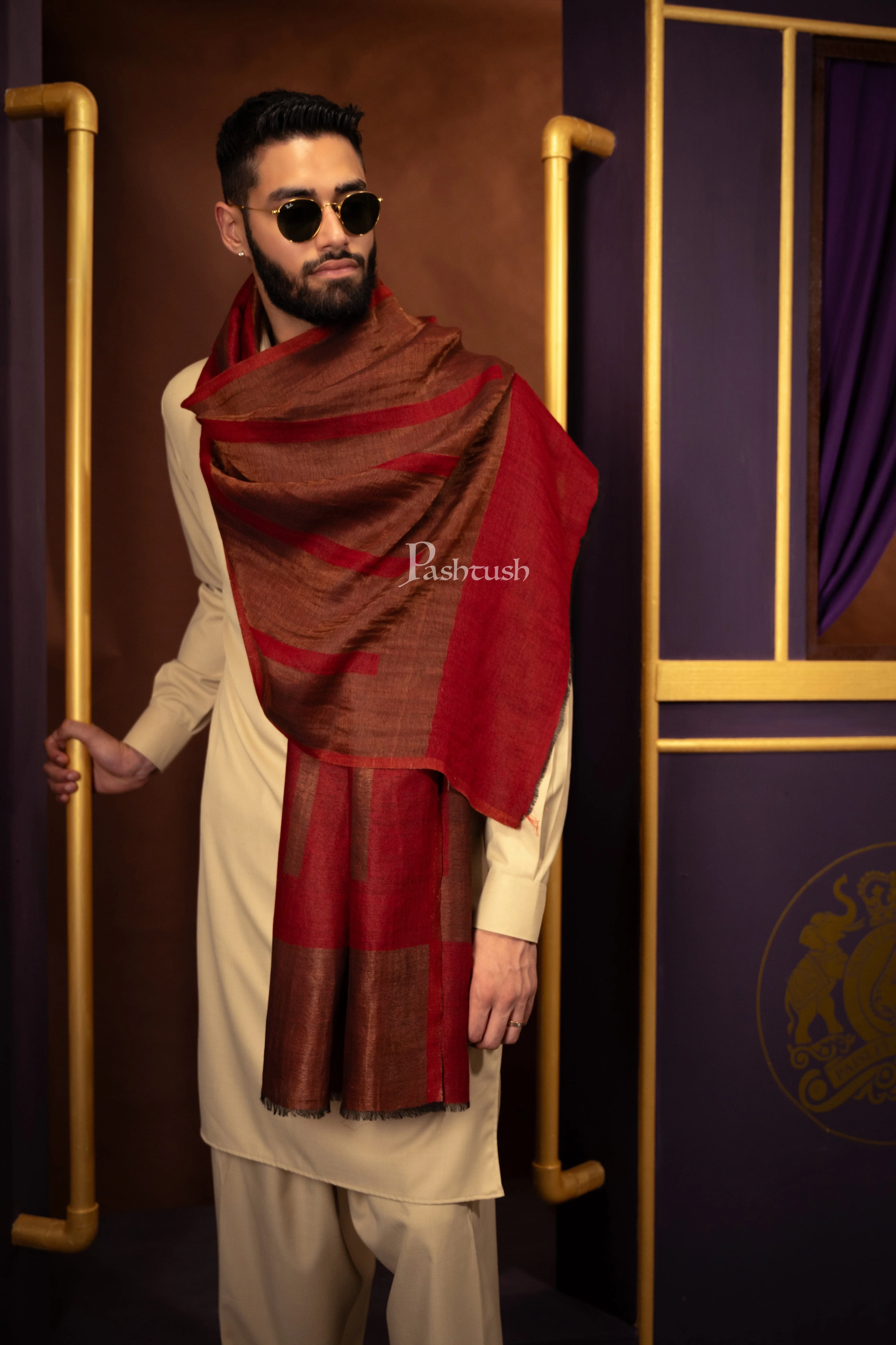 Pashtush Mens Extra Fine Wool Stole, Twilight Stripe Reversbile Design, Maroon