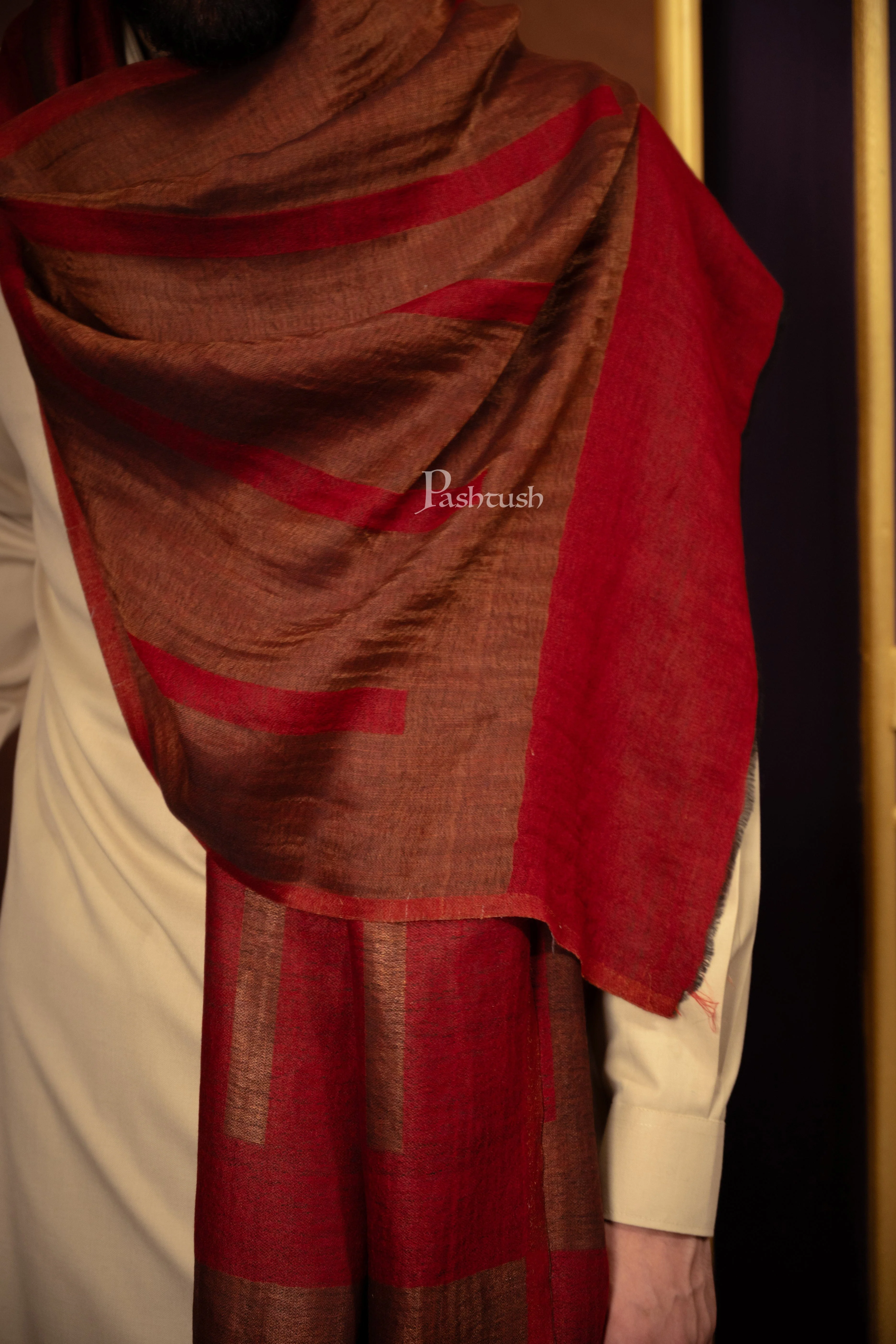 Pashtush Mens Extra Fine Wool Stole, Twilight Stripe Reversbile Design, Maroon - Image 2