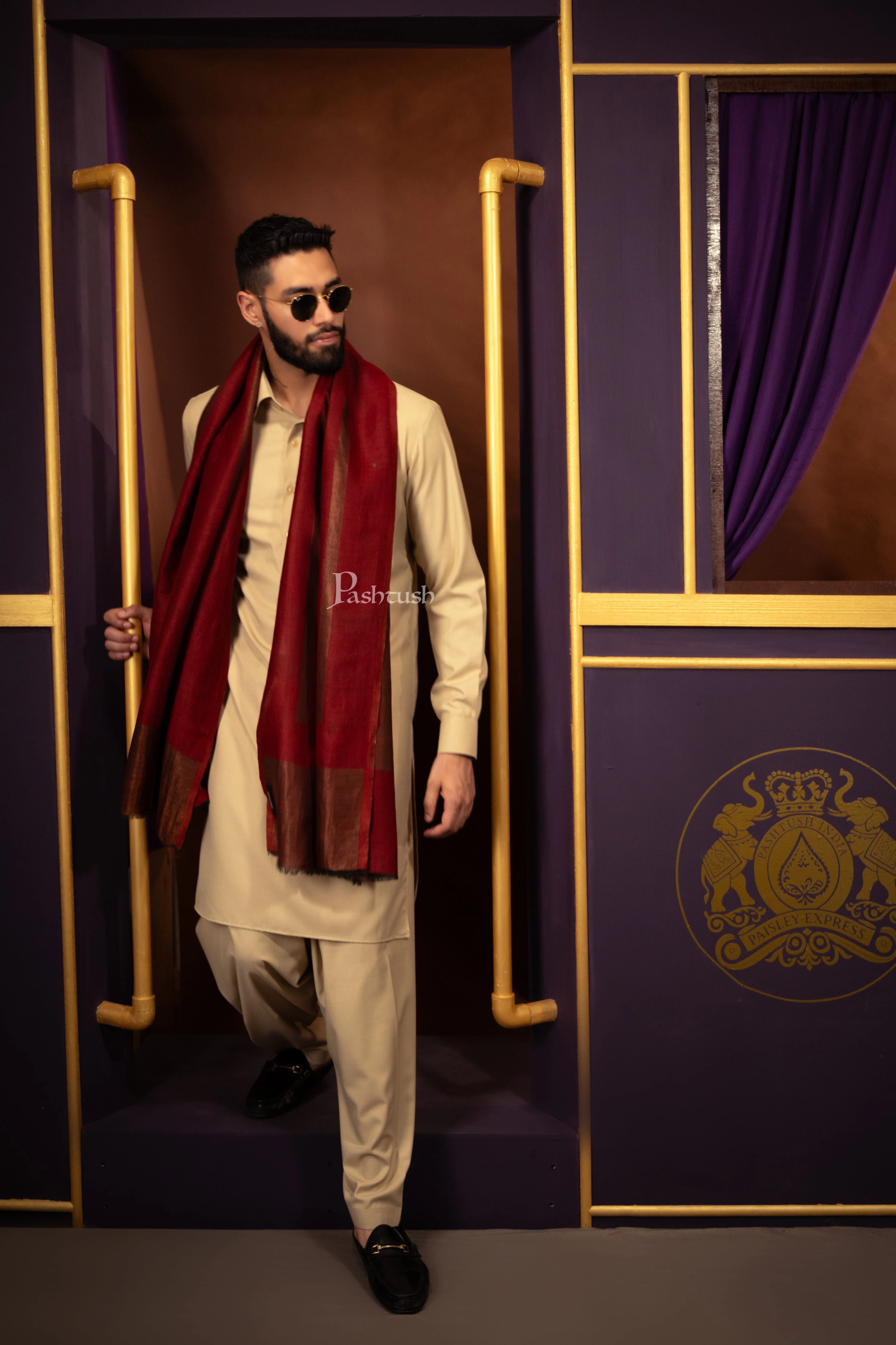 Pashtush Mens Extra Fine Wool Stole, Twilight Stripe Reversbile Design, Maroon - Image 5
