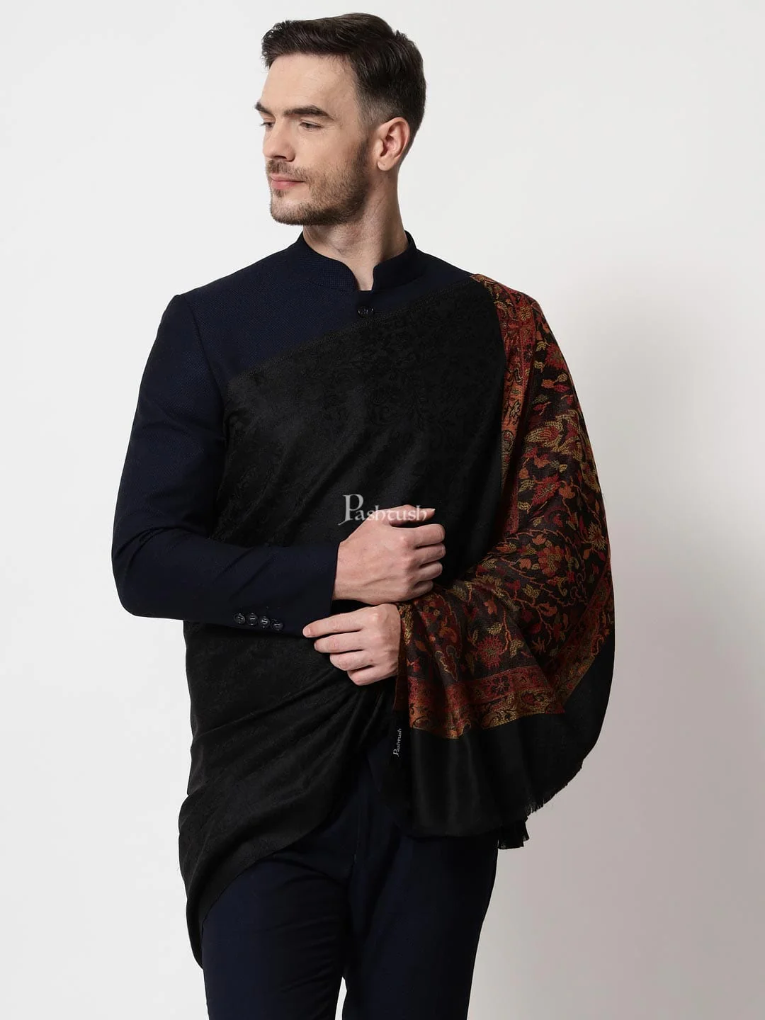 Pashtush Mens Extra Fine Wool Stole, With Ethnic Palla Weave Design, Black - Image 3