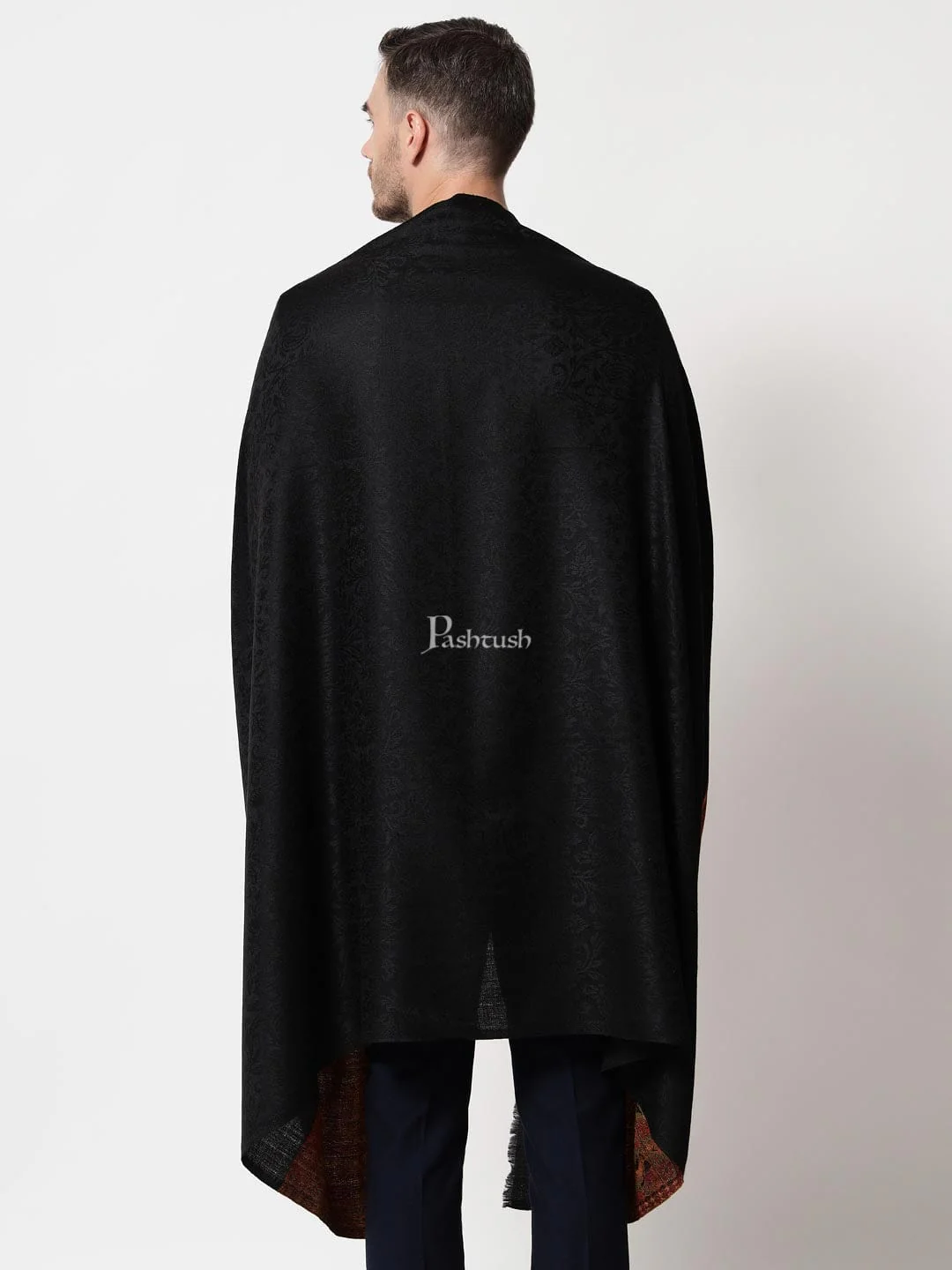 Pashtush Mens Extra Fine Wool Stole, With Ethnic Palla Weave Design, Black - Image 4