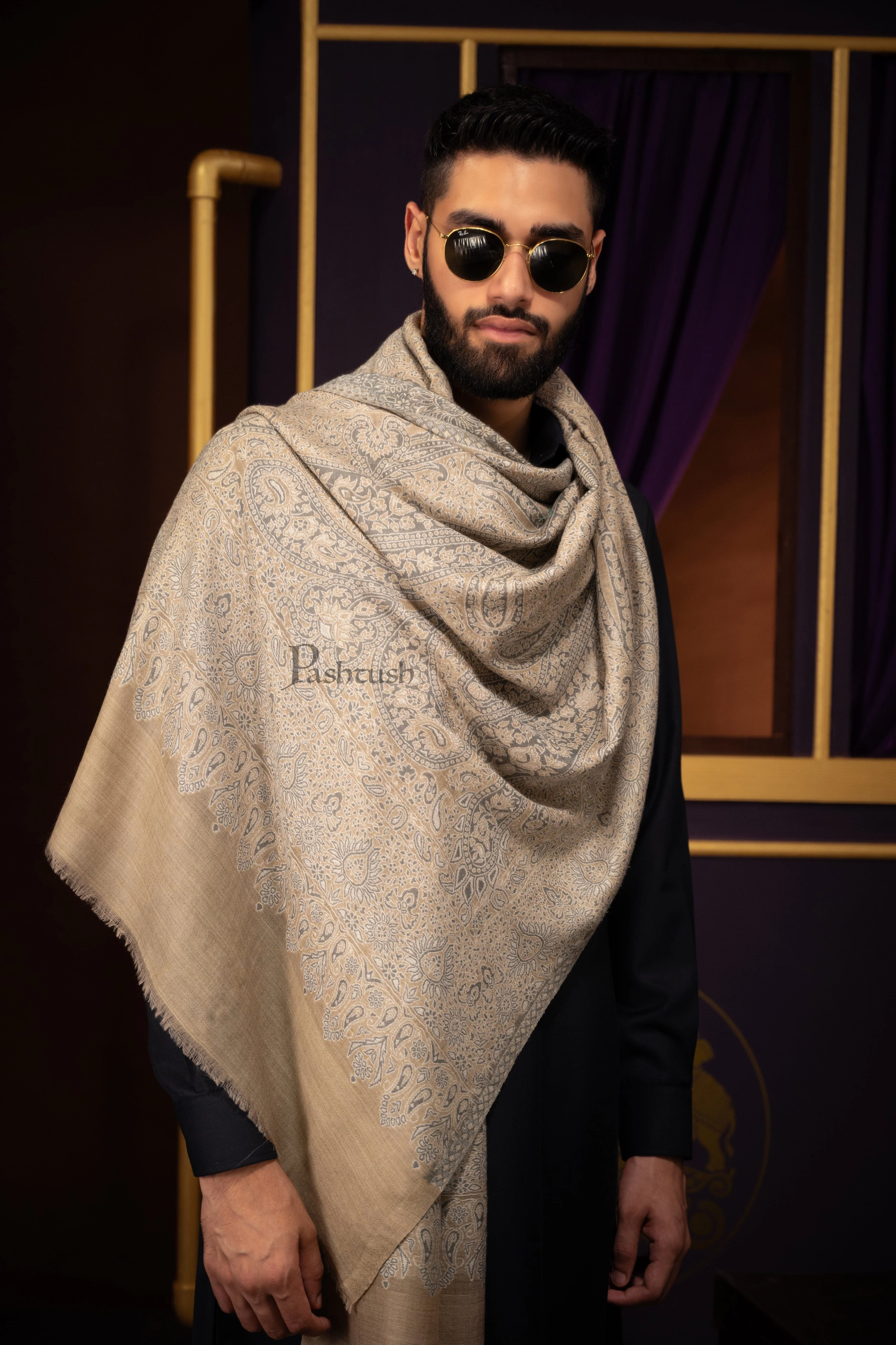 Pashtush Mens Extra Fine Wool Stole, Woven Paisley Design, Taupe - Image 4