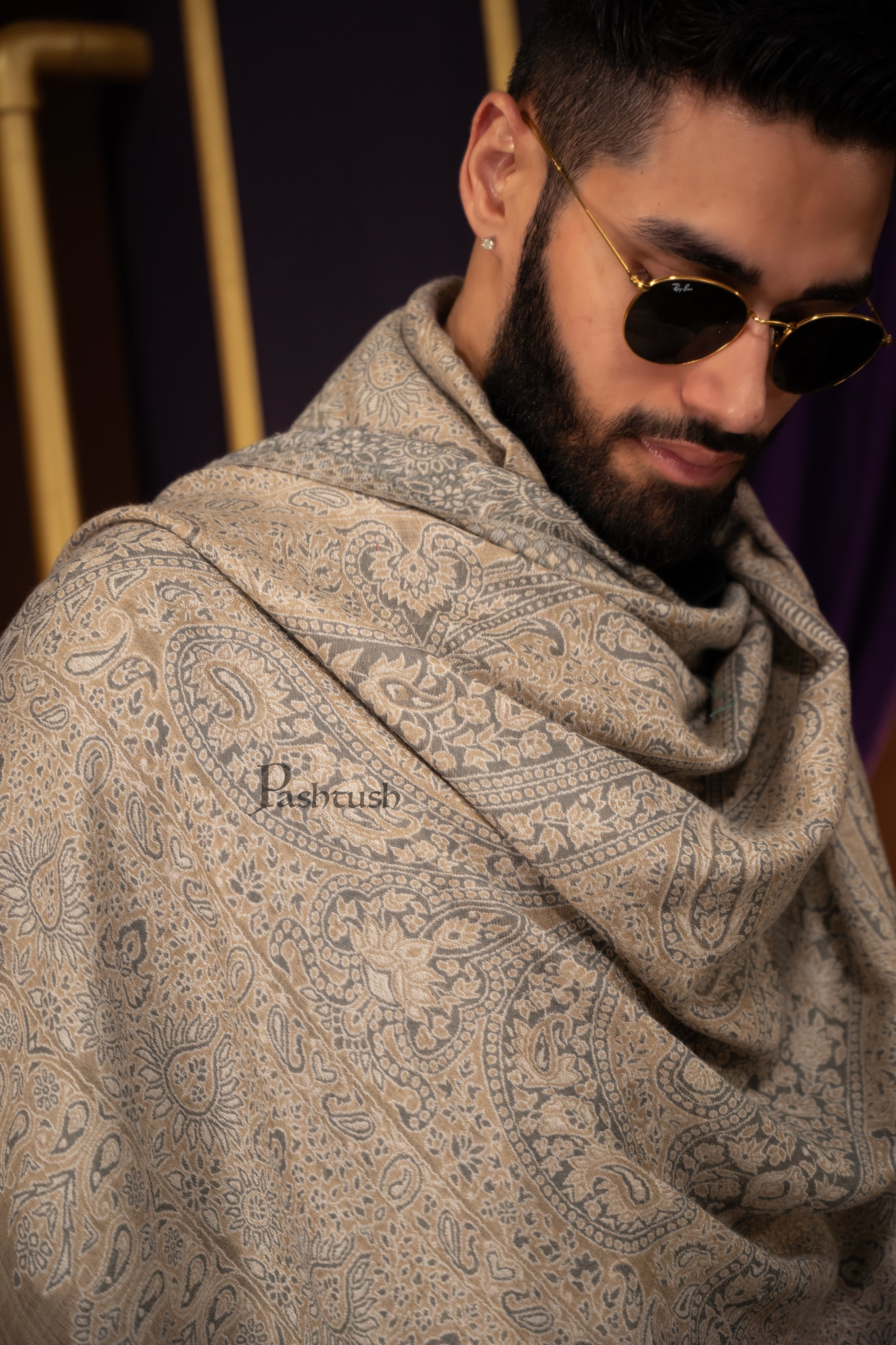 Pashtush Mens Extra Fine Wool Stole, Woven Paisley Design, Taupe - Image 5