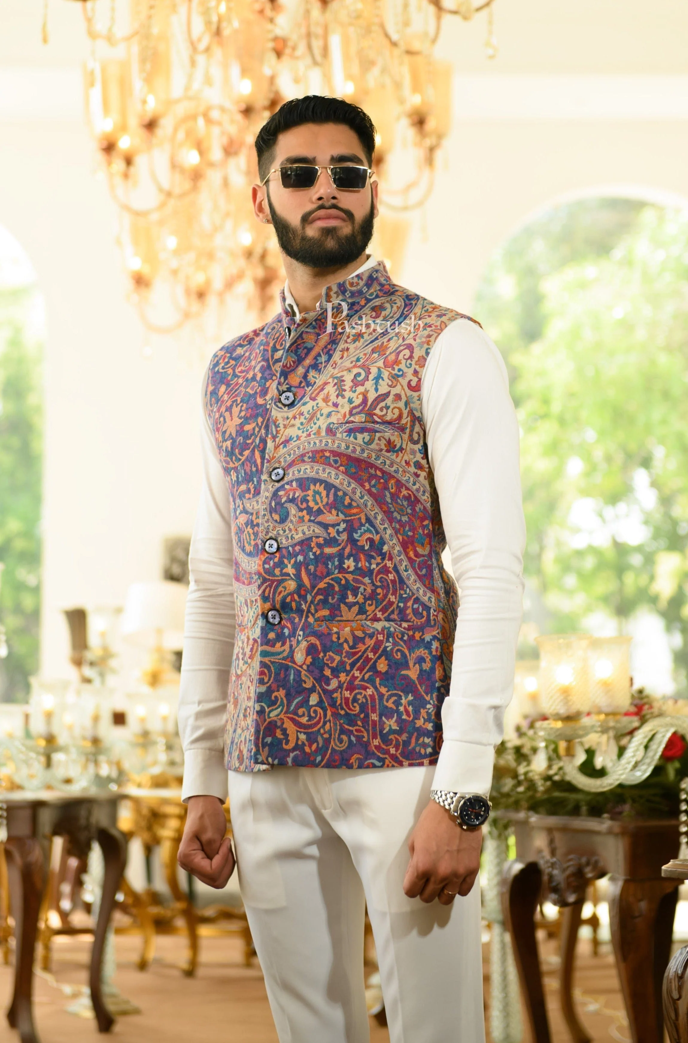 Pashtush Mens Faux Pashmina Jacket, Antique Design, Beige and Blue - Image 5