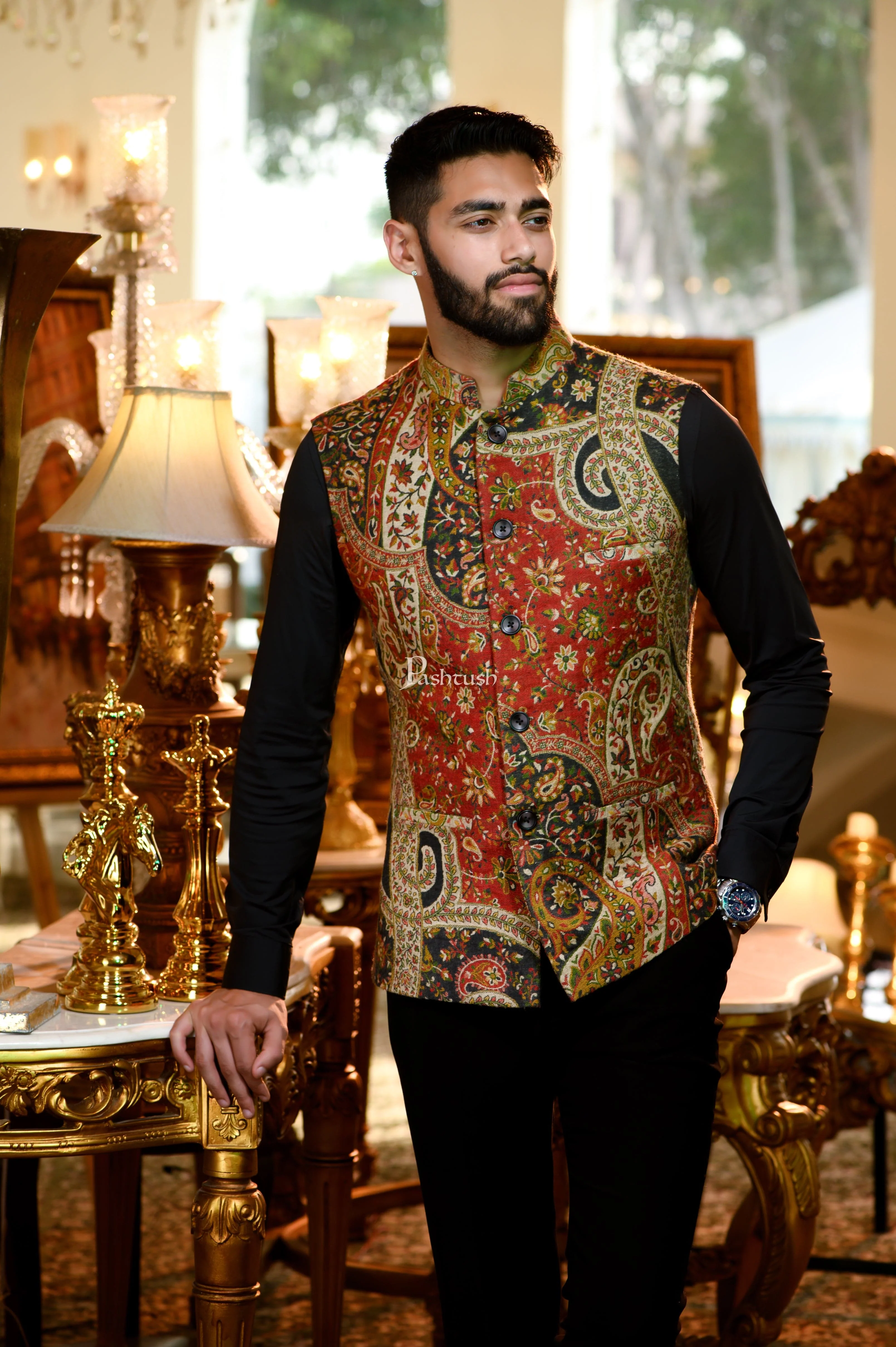 Pashtush Mens Faux Pashmina Jacket, Antique Design, Multicolour