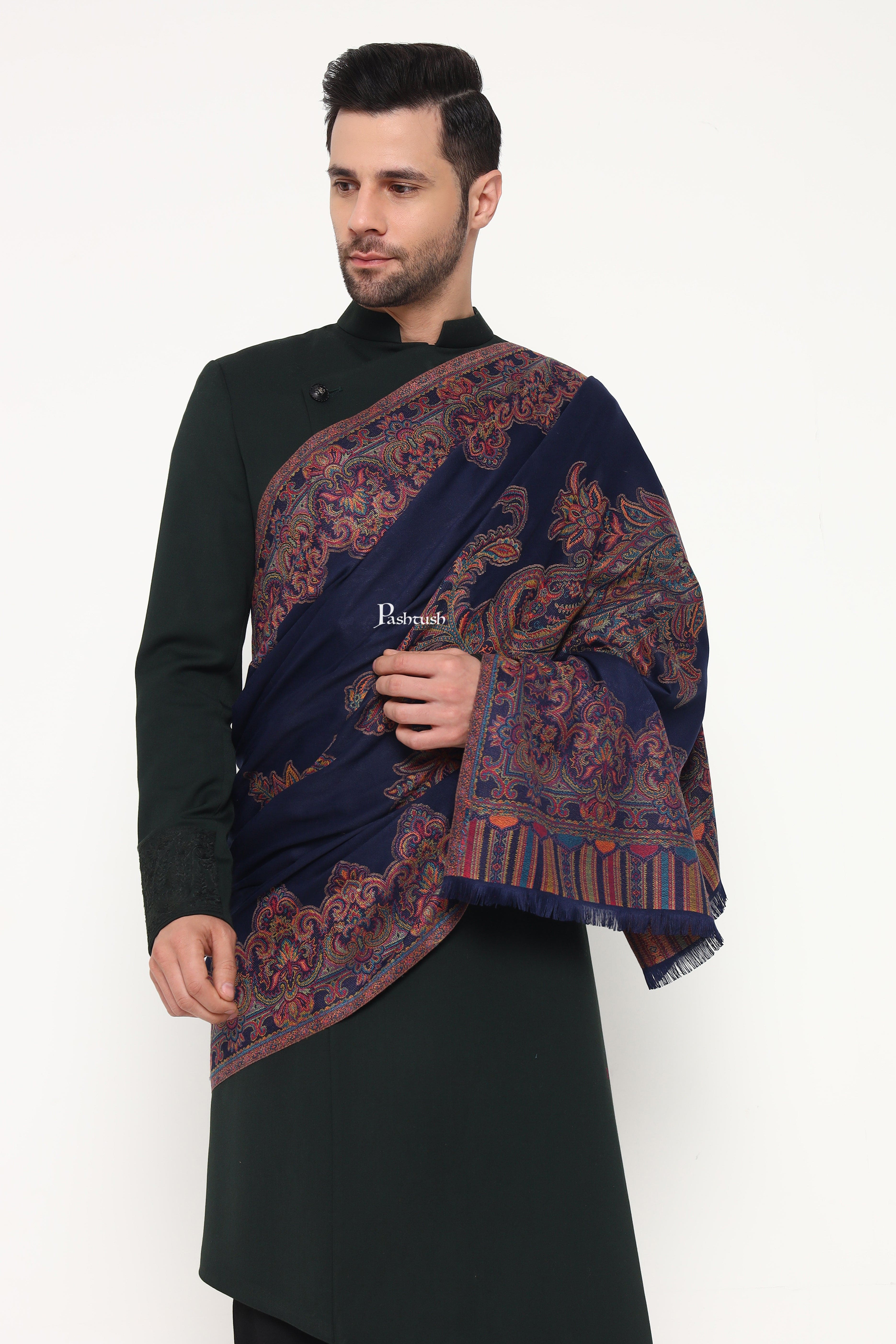 Pashtush Mens Faux Pashmina Stole, Ambi Design, Blue - Image 3